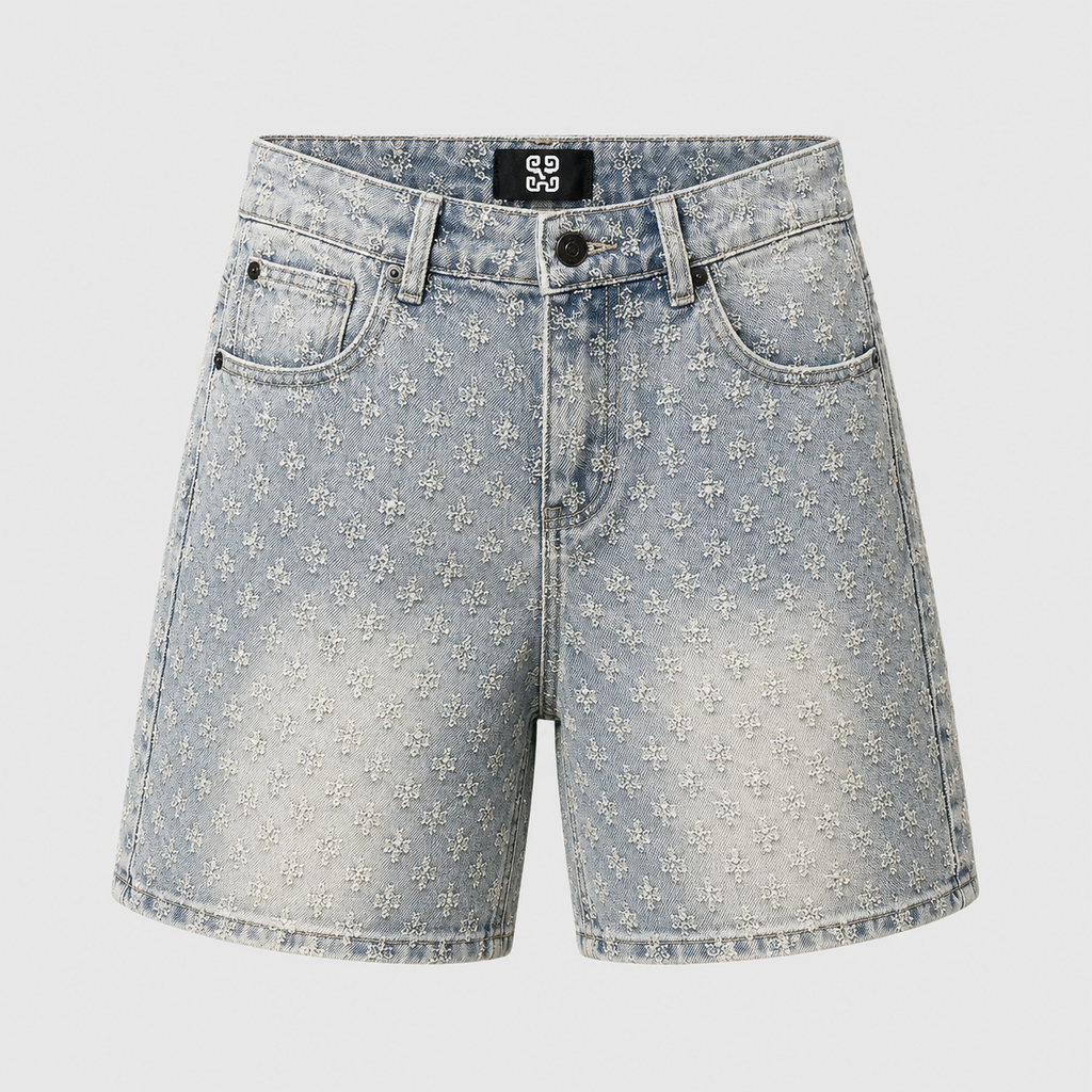 Men's Loose Fit Retro Jacquard Denim Shorts Black Canvas