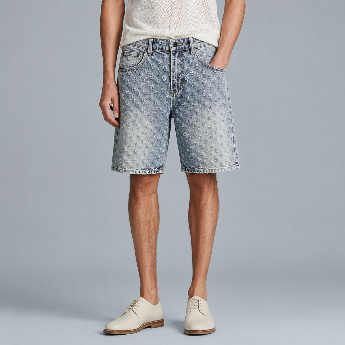Men's Loose Fit Retro Jacquard Denim Shorts Black Canvas