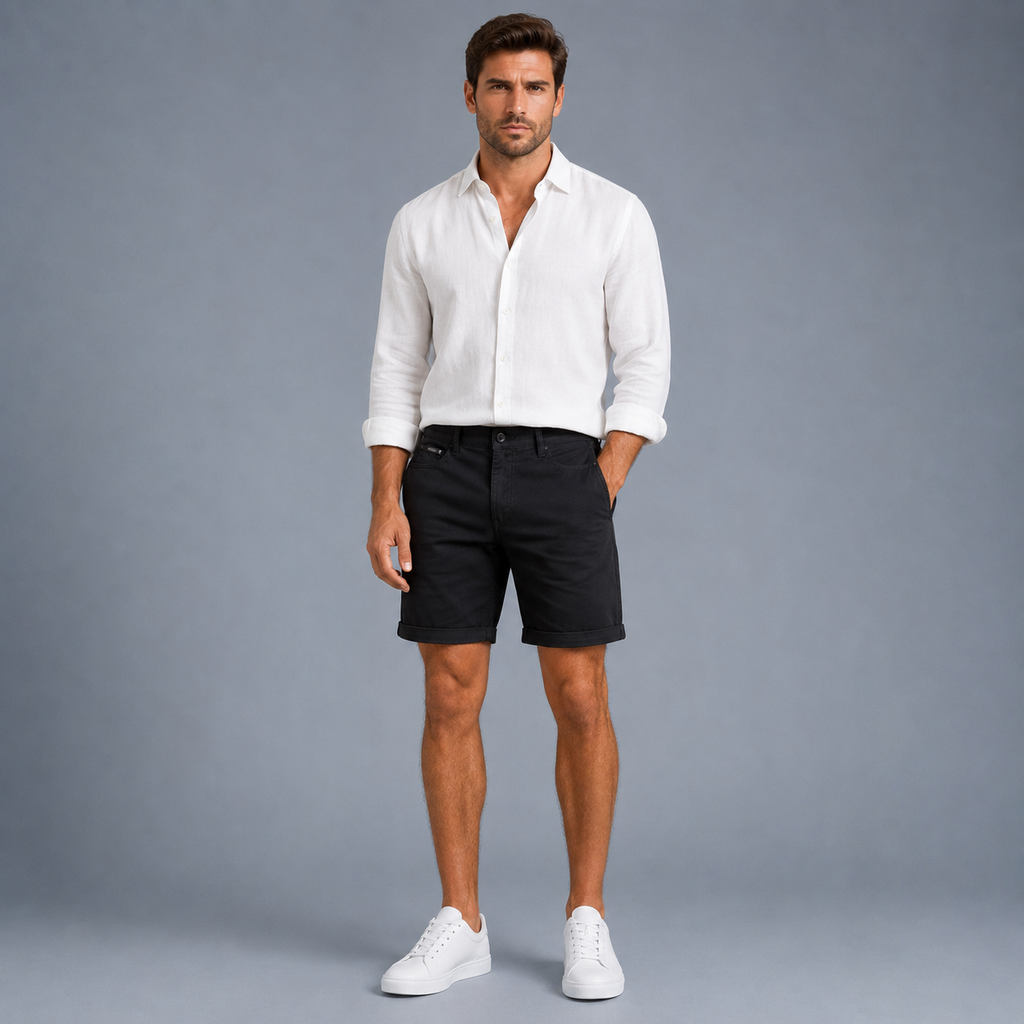 Men's Oversized Stretch Cotton Shorts Black Canvas