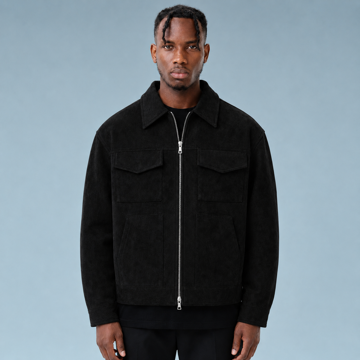 Men's Oversized Suede Zip Jacket Black Canvas