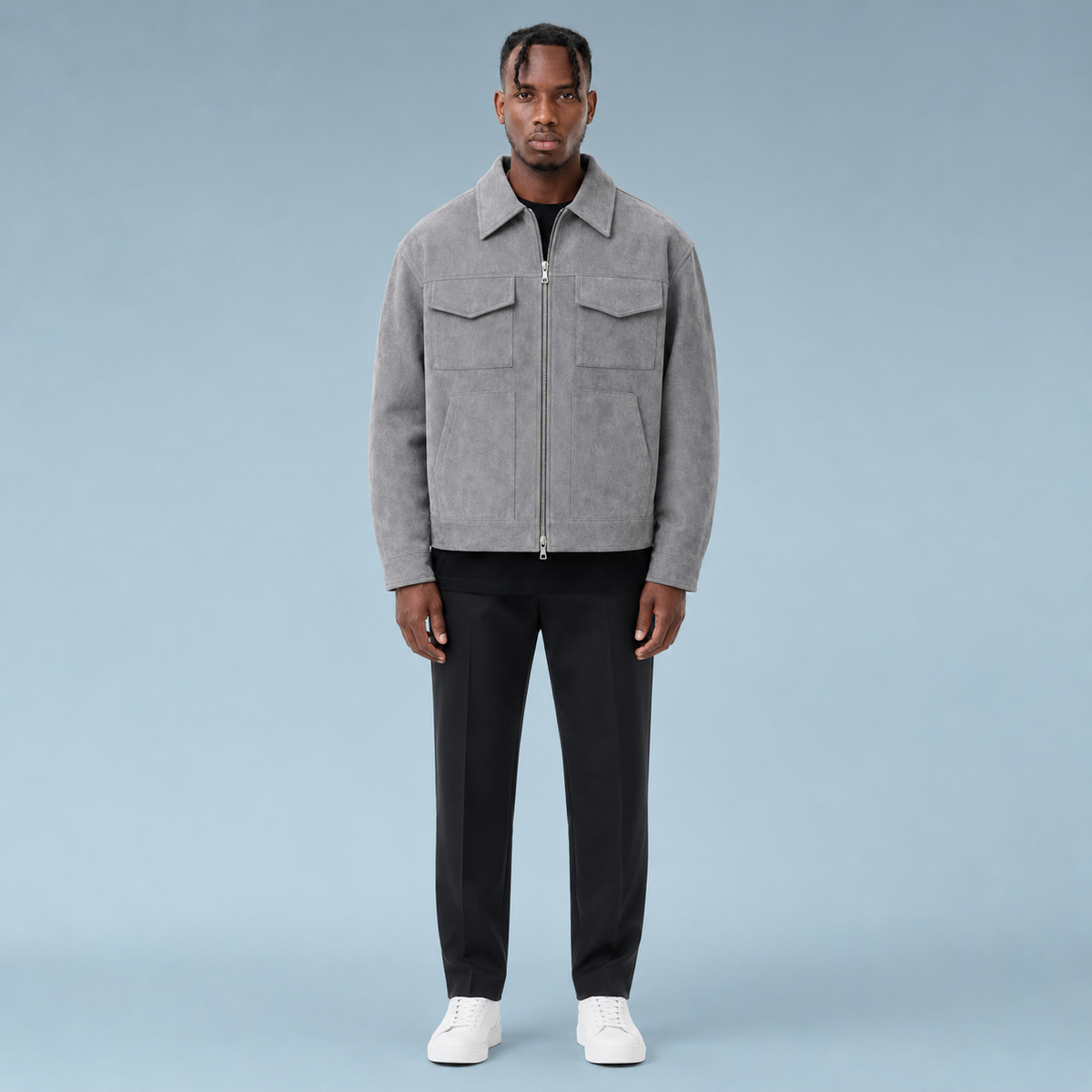Men's Oversized Suede Zip Jacket Black Canvas