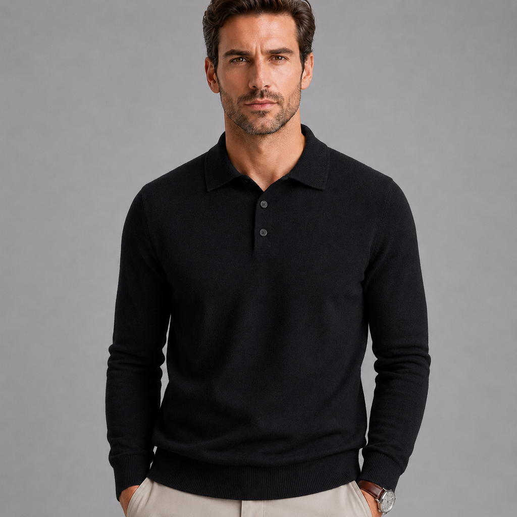 Men's Pure Wool Polo Neck Knitted Pullover Black Canvas