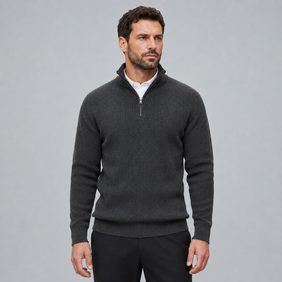 Men's Quarter-Zip Mock Neck Slim Knit Pullover Black Canvas