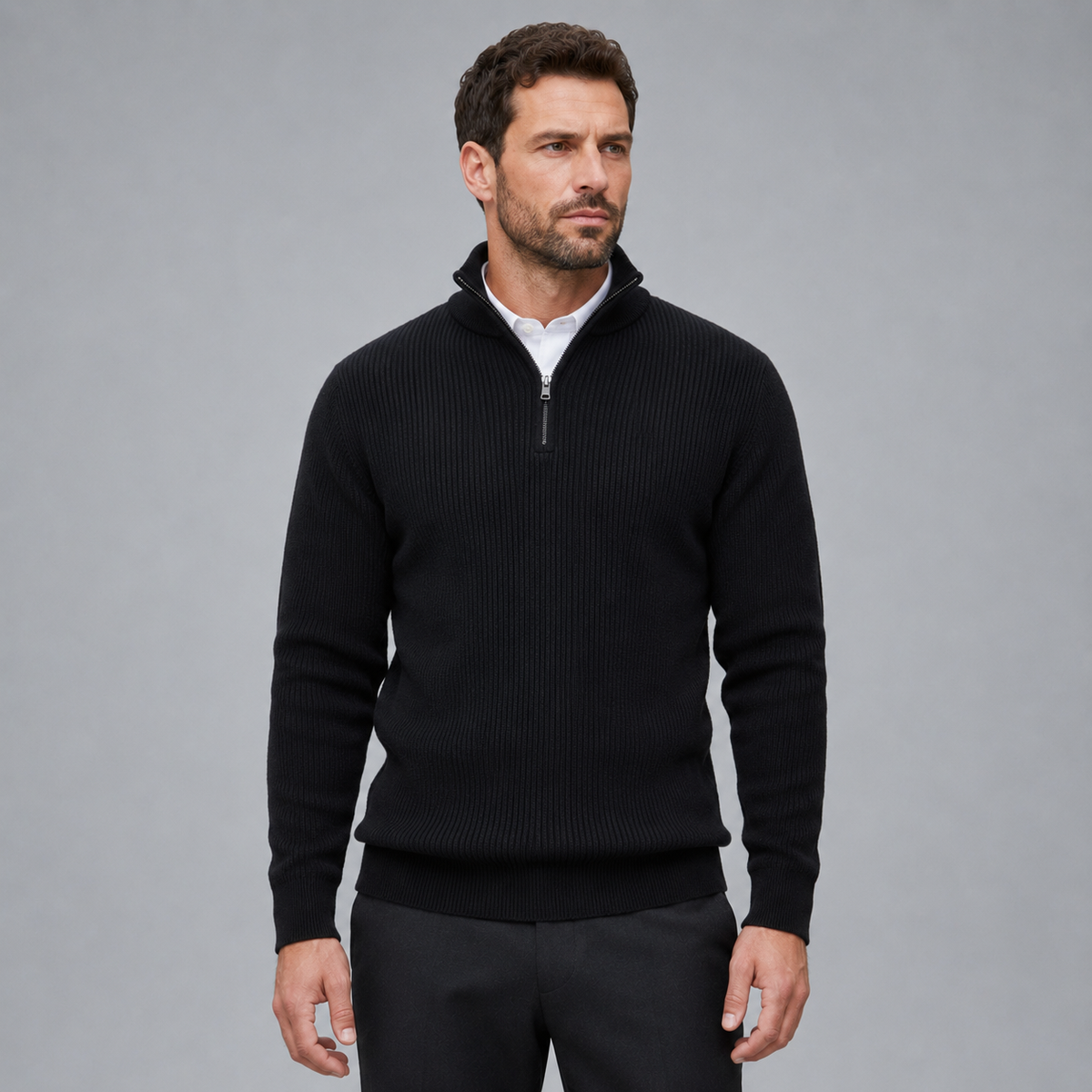 Men's Quarter-Zip Mock Neck Slim Knit Pullover Black Canvas