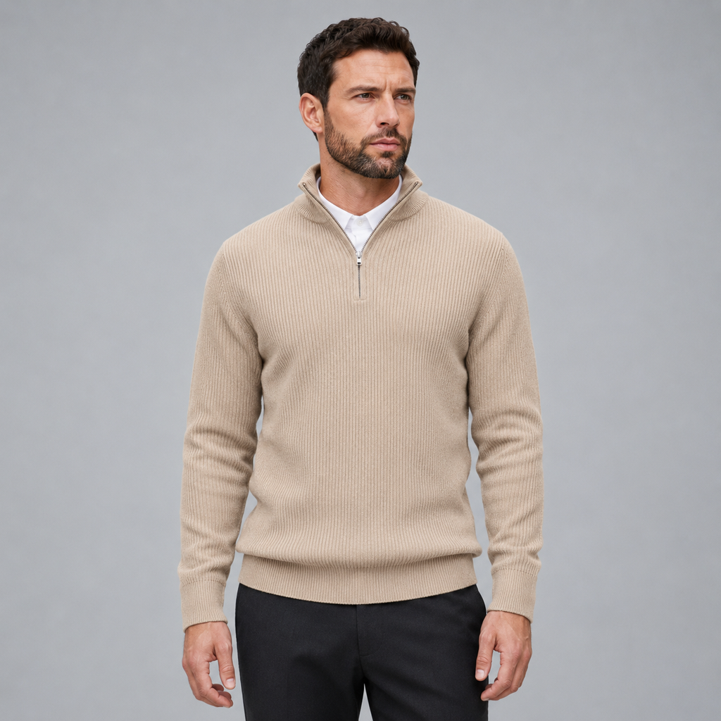 Men's Quarter-Zip Mock Neck Slim Knit Pullover Black Canvas
