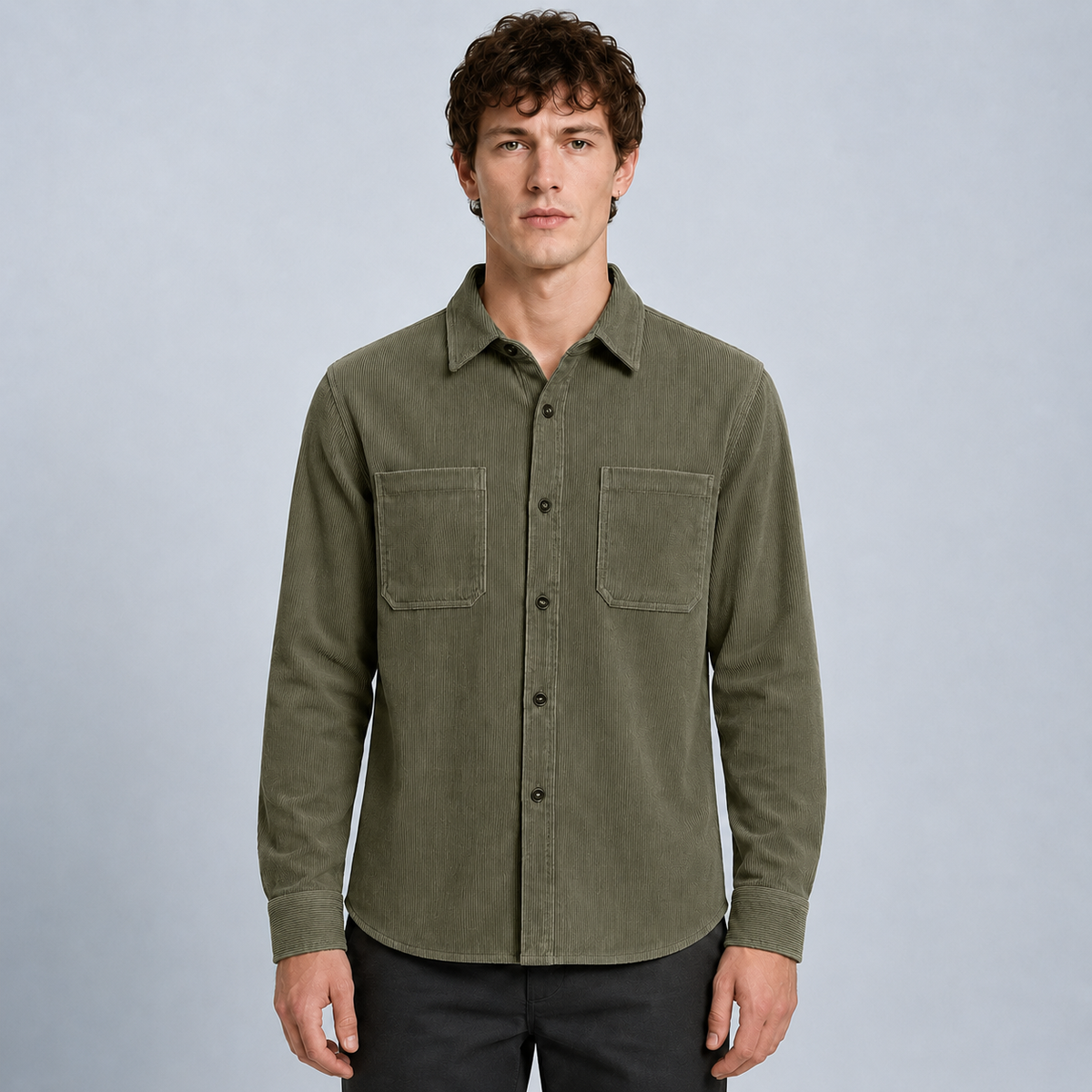 Men's Slim Fit Corduroy Button-Down Shirt Black Canvas