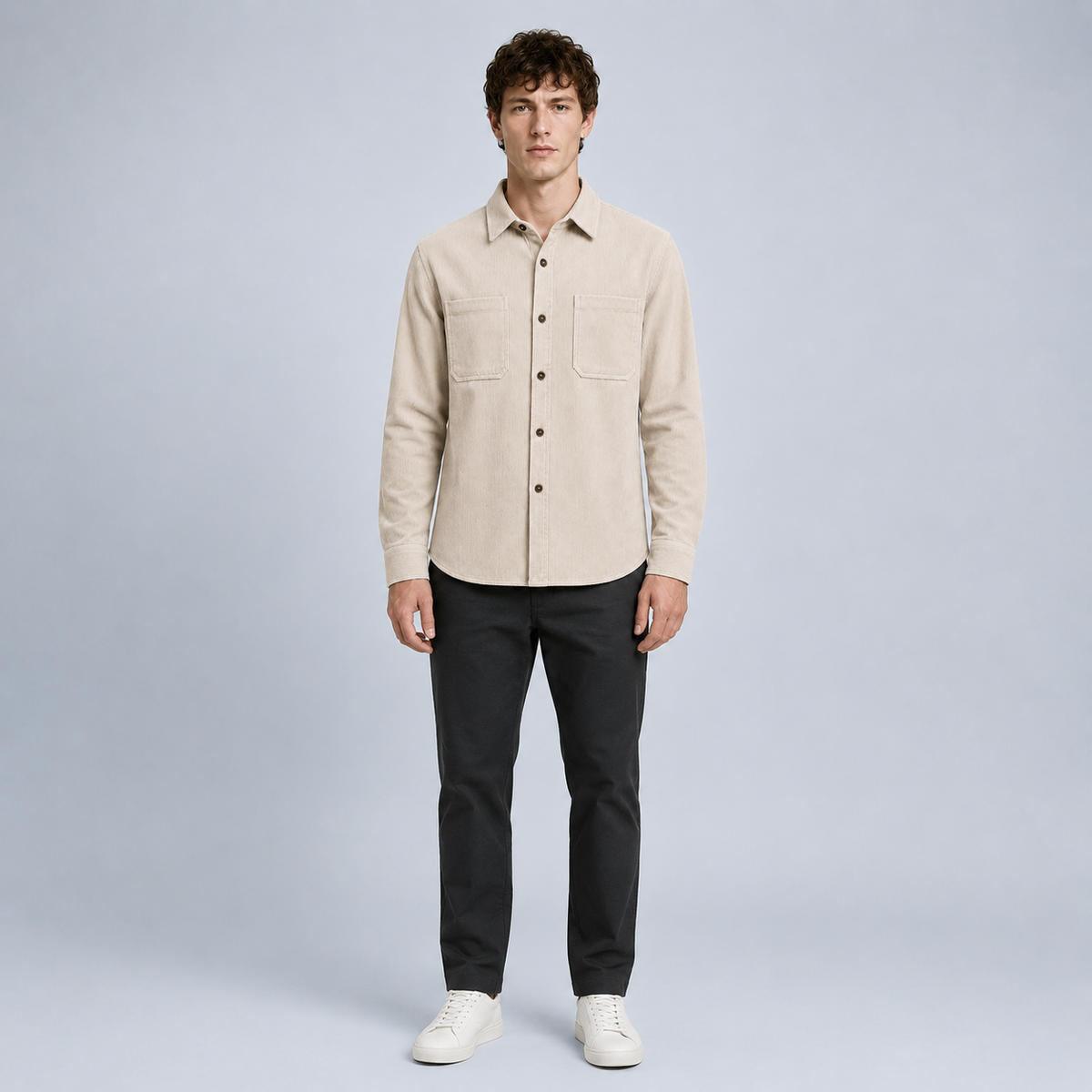 Men's Slim Fit Corduroy Button-Down Shirt Black Canvas