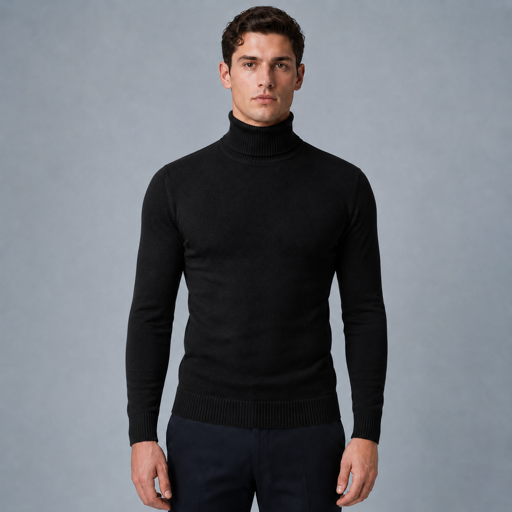 Men's Slim Fit Cotton Turtleneck Knit Jumper Black Canvas