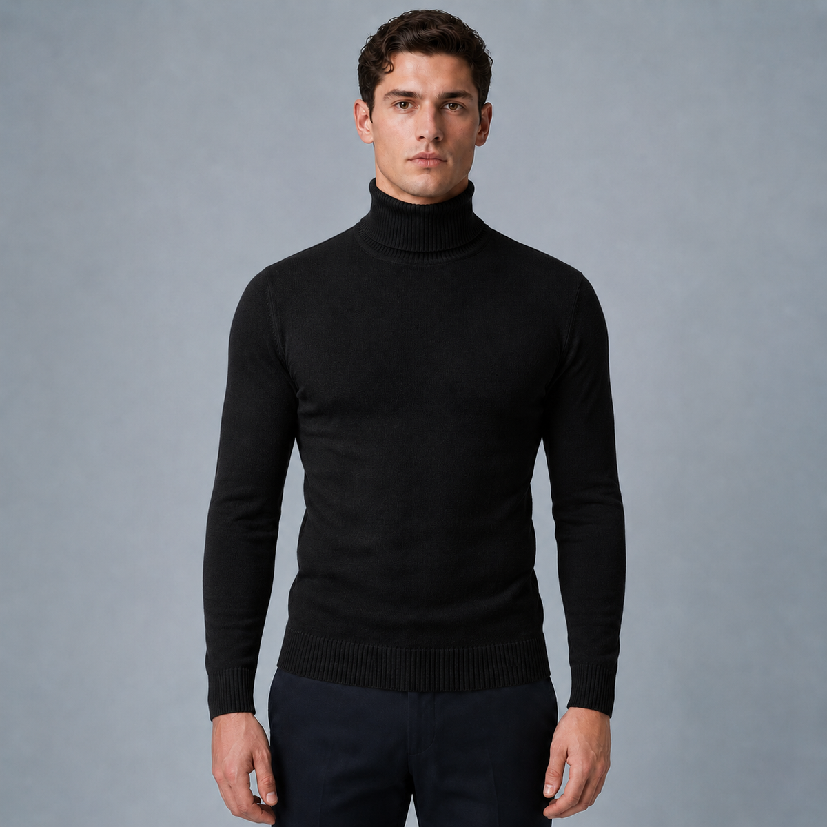 Men's Slim Fit Cotton Turtleneck Knit Jumper Black Canvas