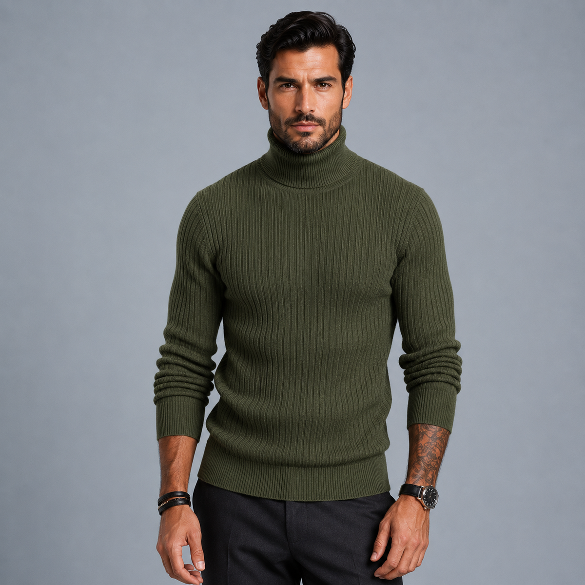 Men's Slim Fit Heavyweight Turtleneck Jumper Black Canvas