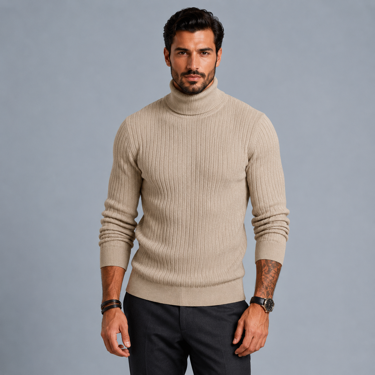 Men's Slim Fit Heavyweight Turtleneck Jumper Black Canvas