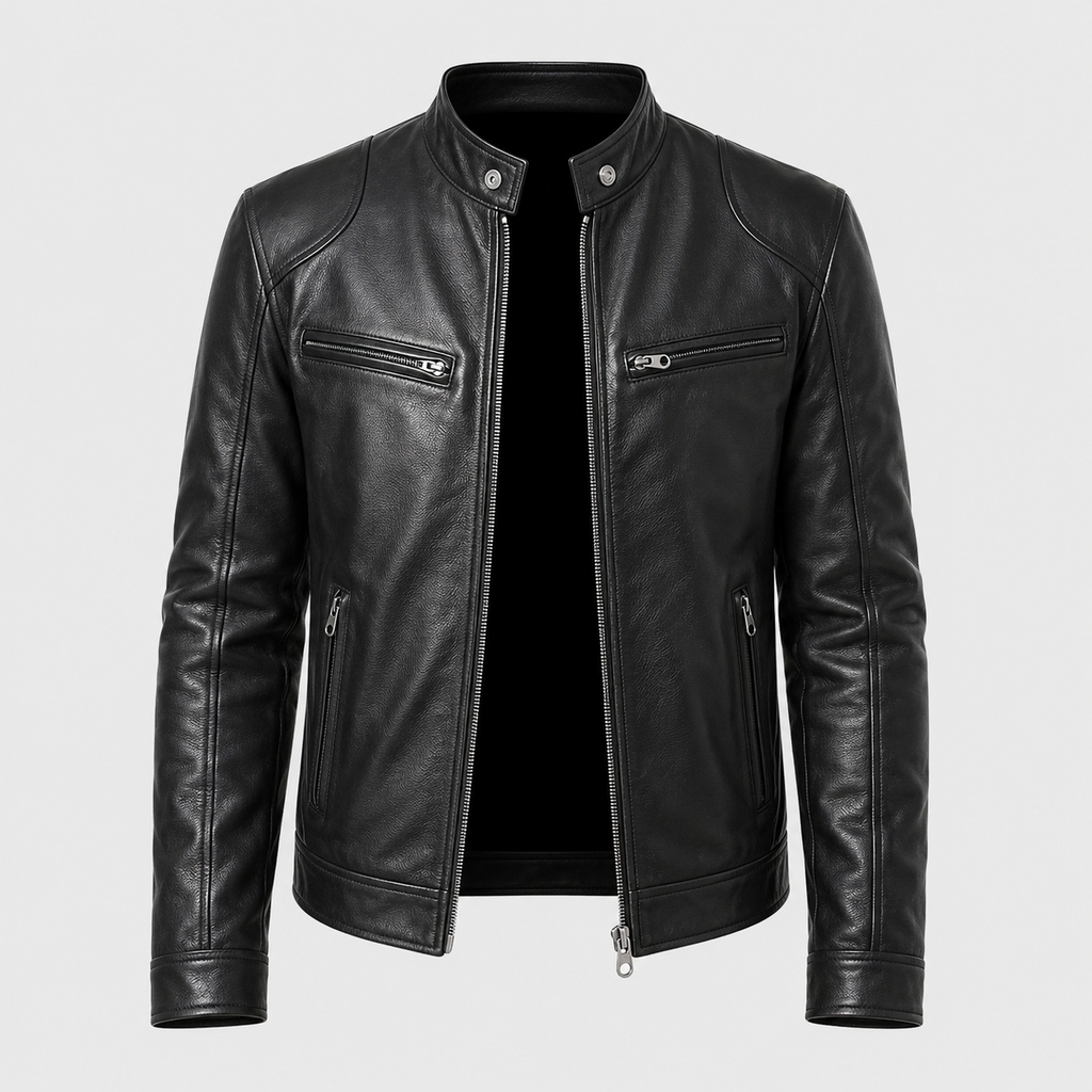 Men's Slim Fit Lapel PU Leather Jacket Black Canvas