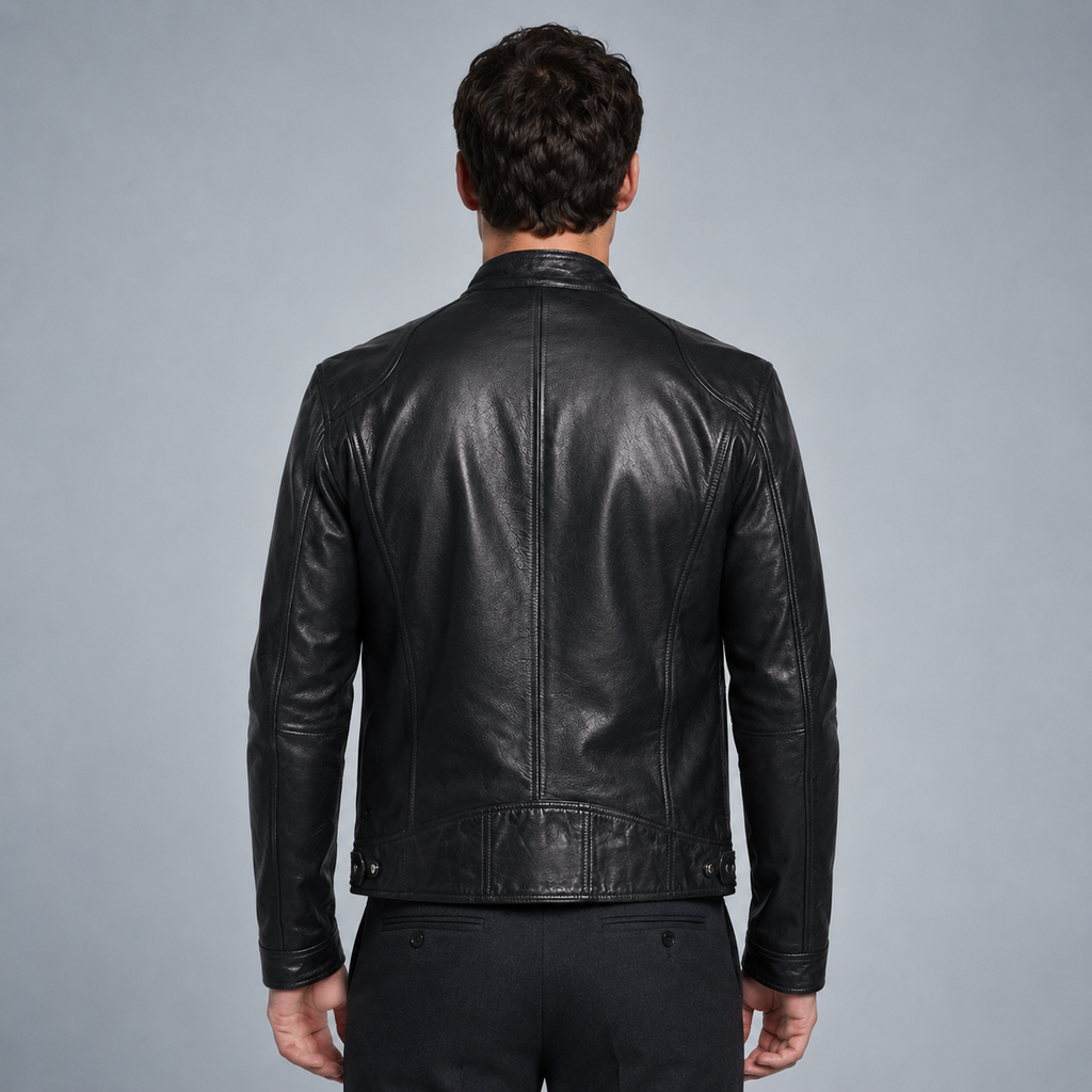 Men's Slim Fit Lapel PU Leather Jacket Black Canvas