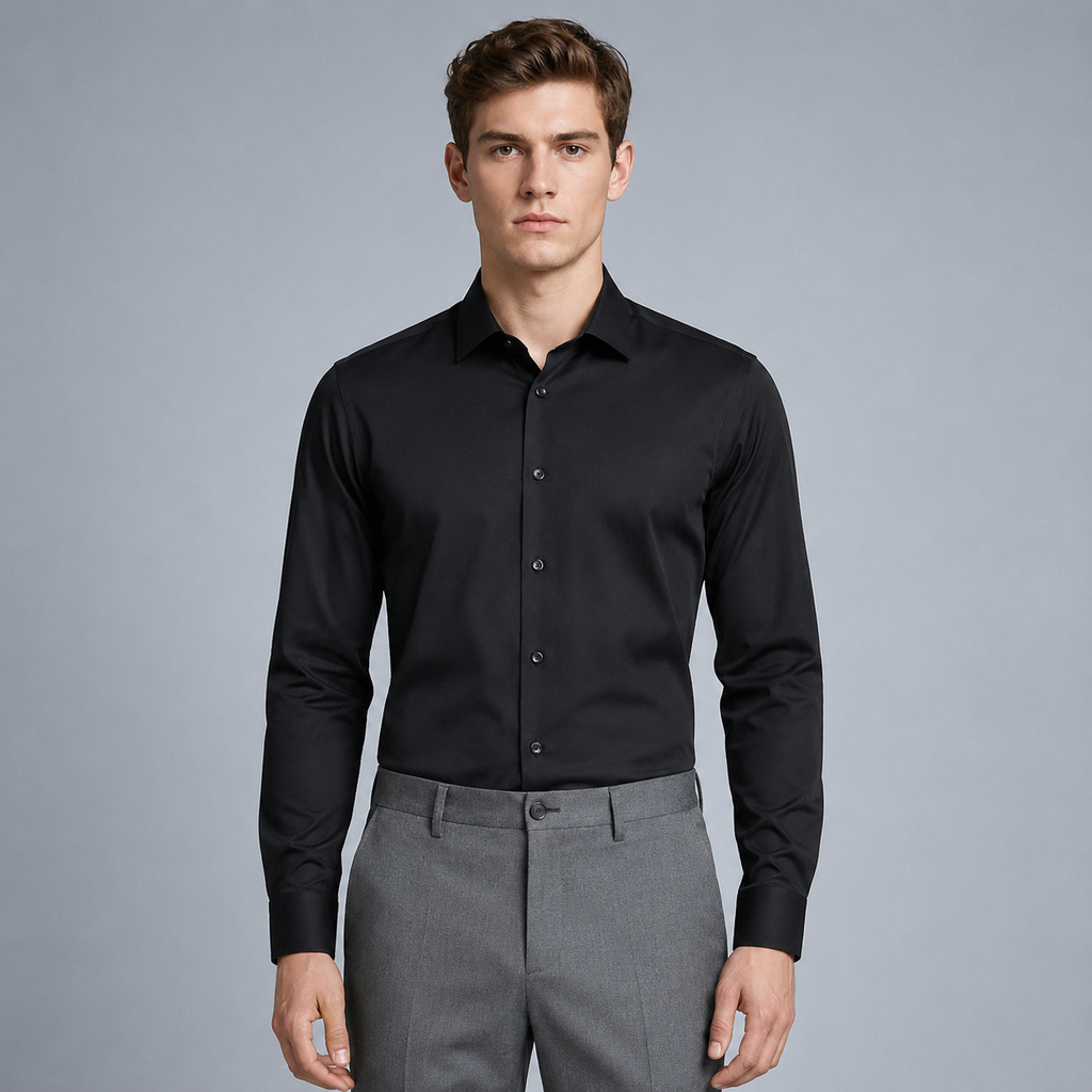 Men's Slim Fit Long Sleeve Black Shirt Black Canvas