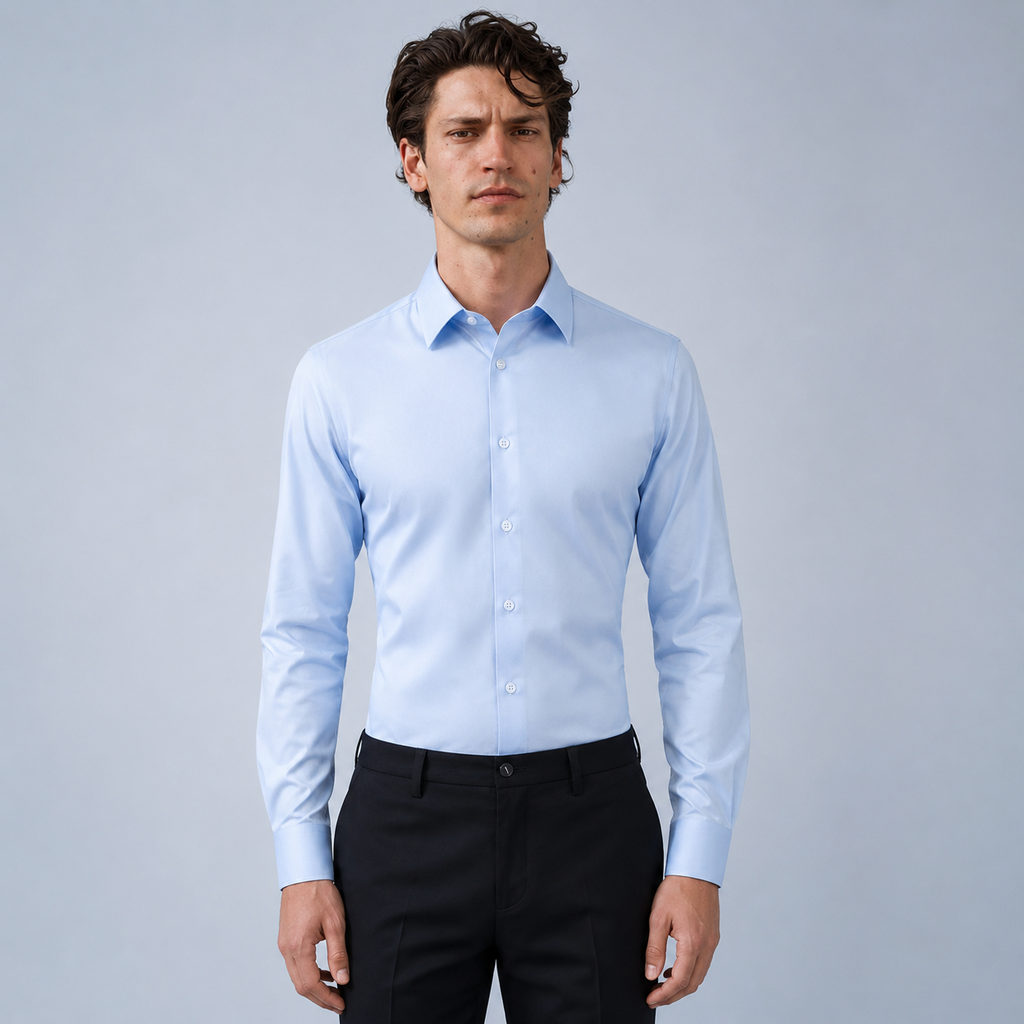 Men's Slim Fit Long Sleeve Light Blue Shirt Black Canvas
