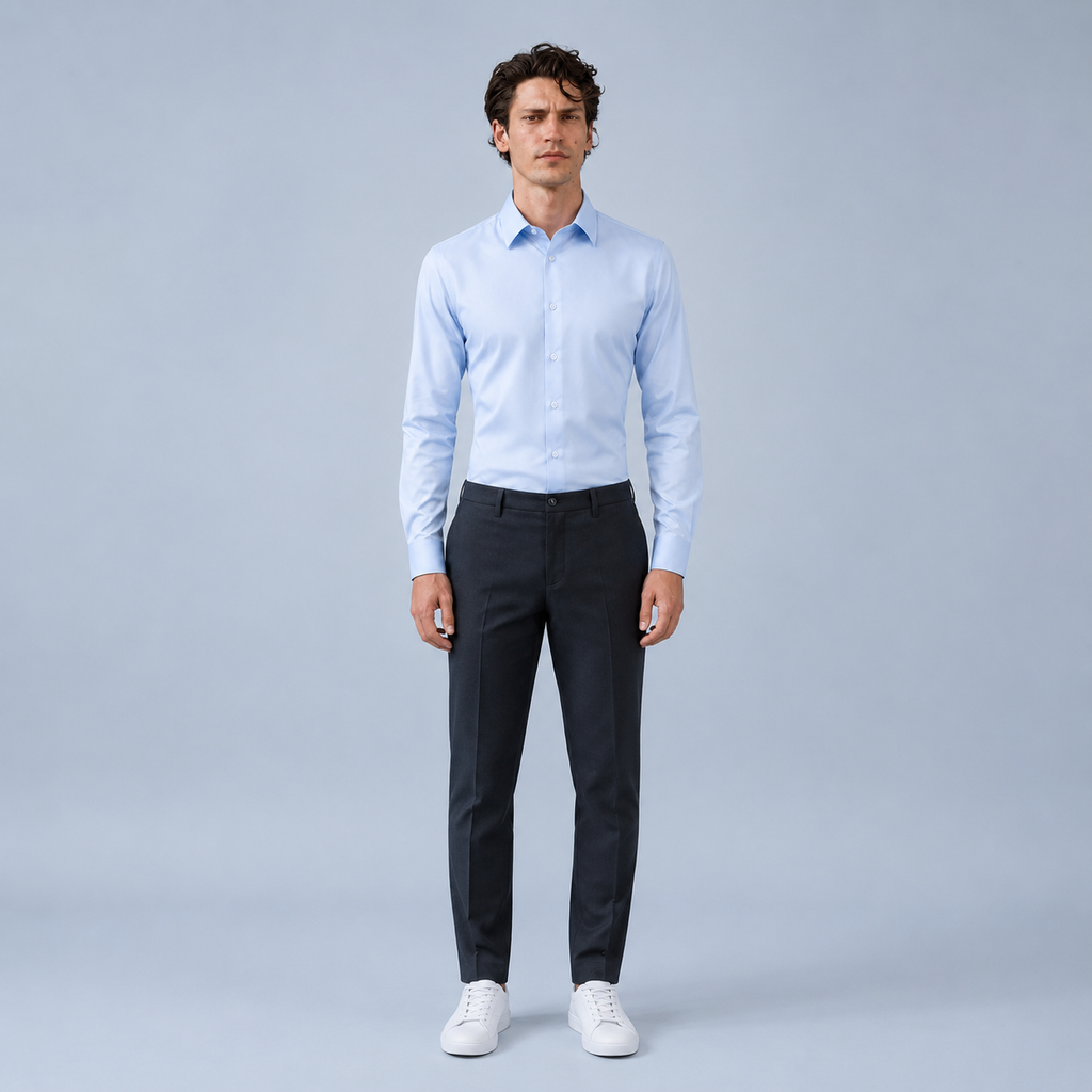 Men's Slim Fit Long Sleeve Light Blue Shirt Black Canvas