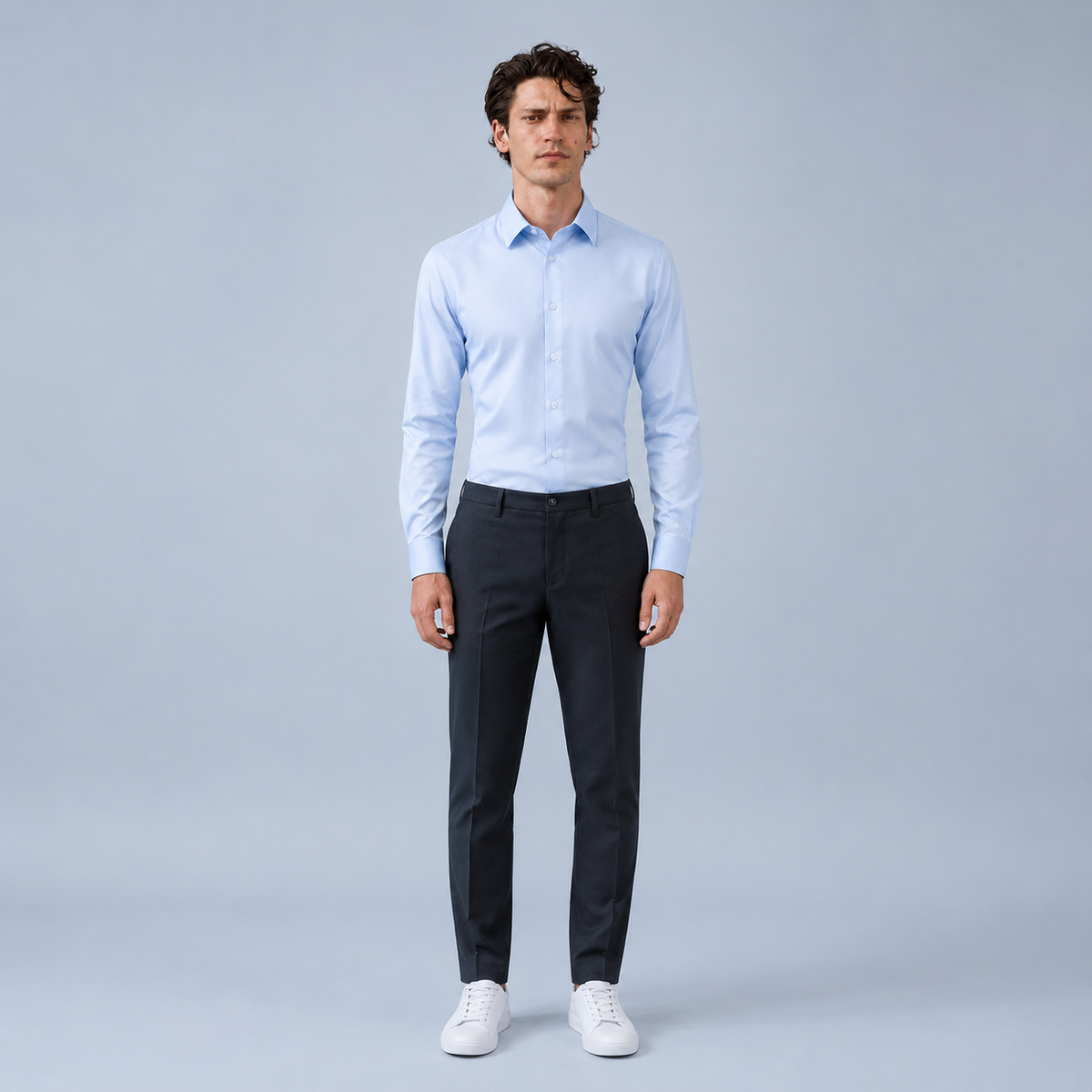 Men's Slim Fit Long Sleeve Light Blue Shirt Black Canvas