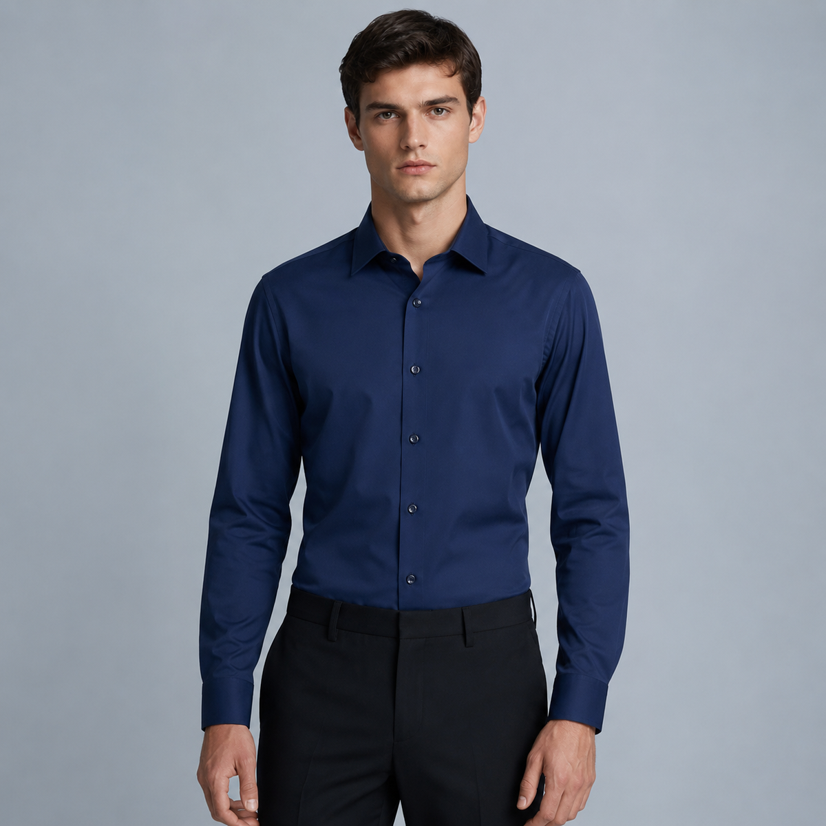 Men's Slim Fit Long Sleeve Navy Blue Shirt Black Canvas
