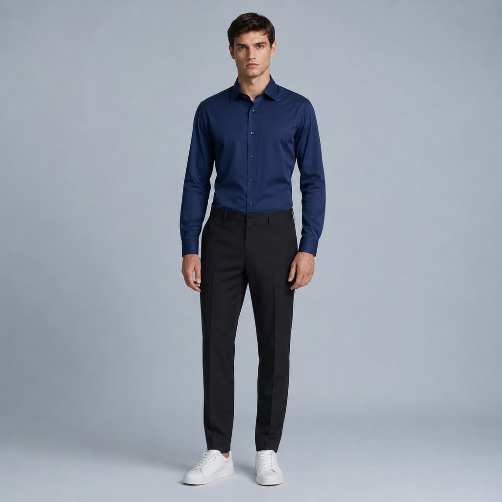 Men's Slim Fit Long Sleeve Navy Blue Shirt Black Canvas