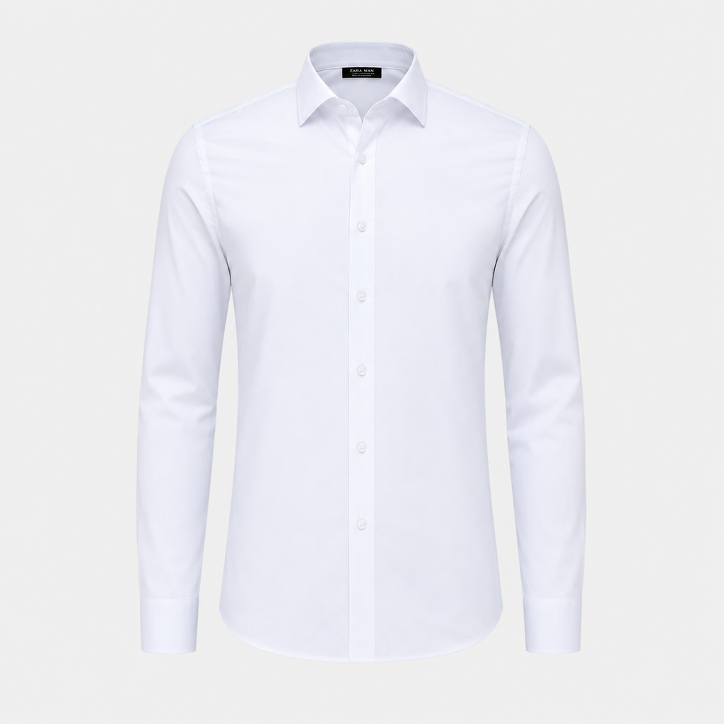 Men's Slim Fit Long Sleeve White Shirt Black Canvas