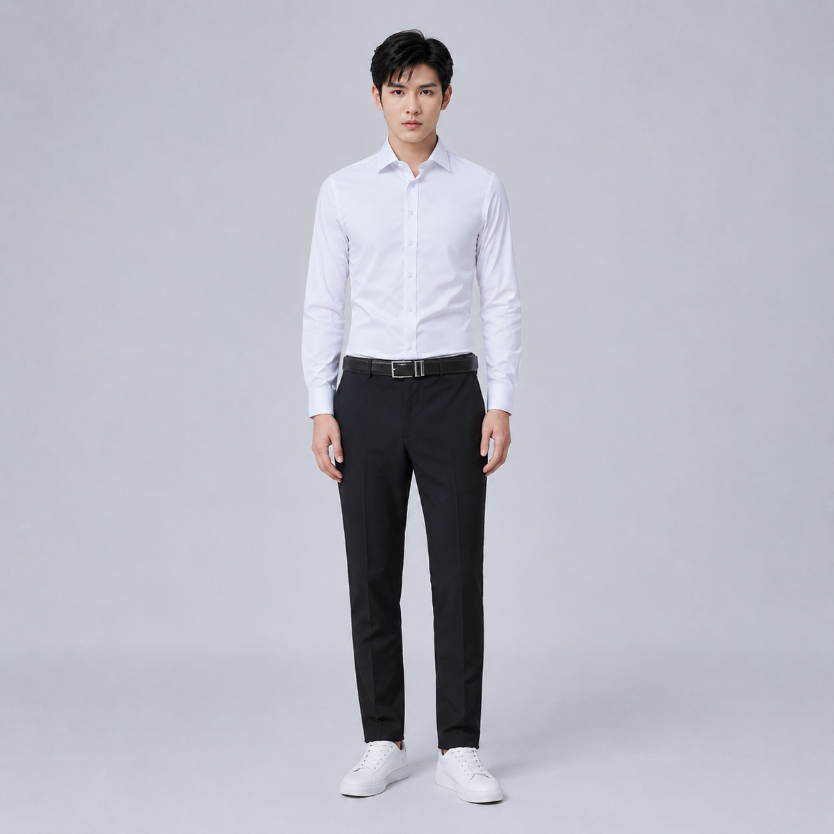 Men's Slim Fit Long Sleeve White Shirt Black Canvas