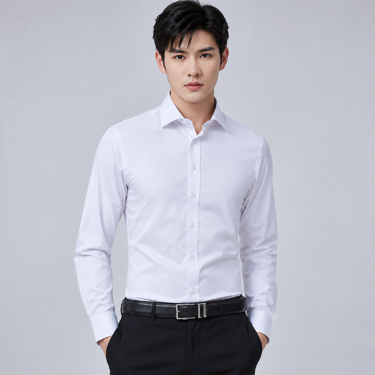 Men's Slim Fit Long Sleeve White Shirt Black Canvas