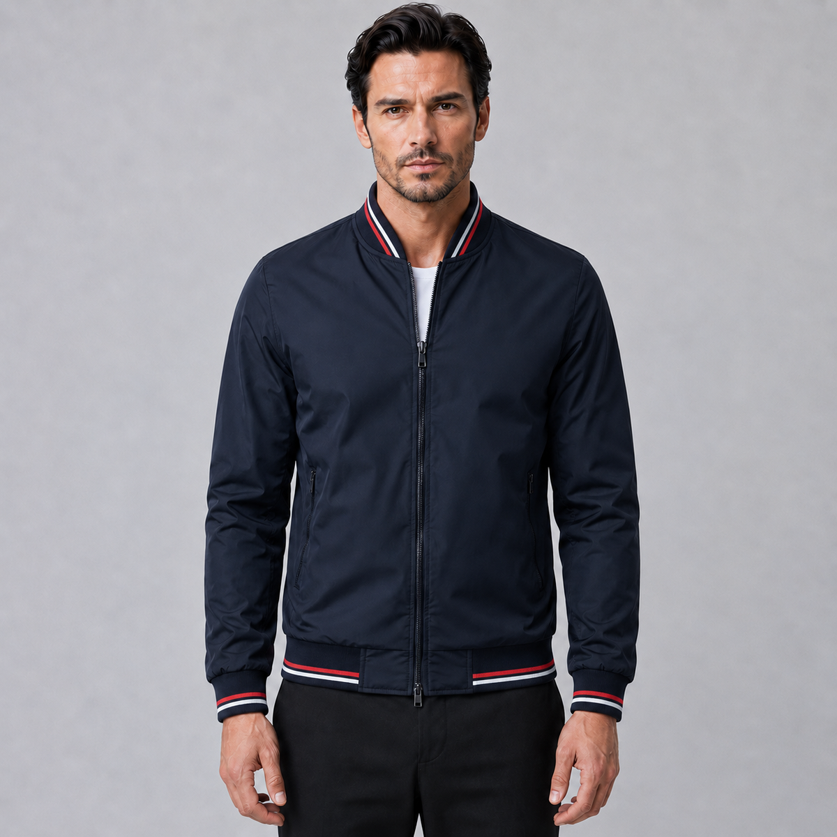 Men's Slim Fit Solid Bomber Baseball Jacket Black Canvas