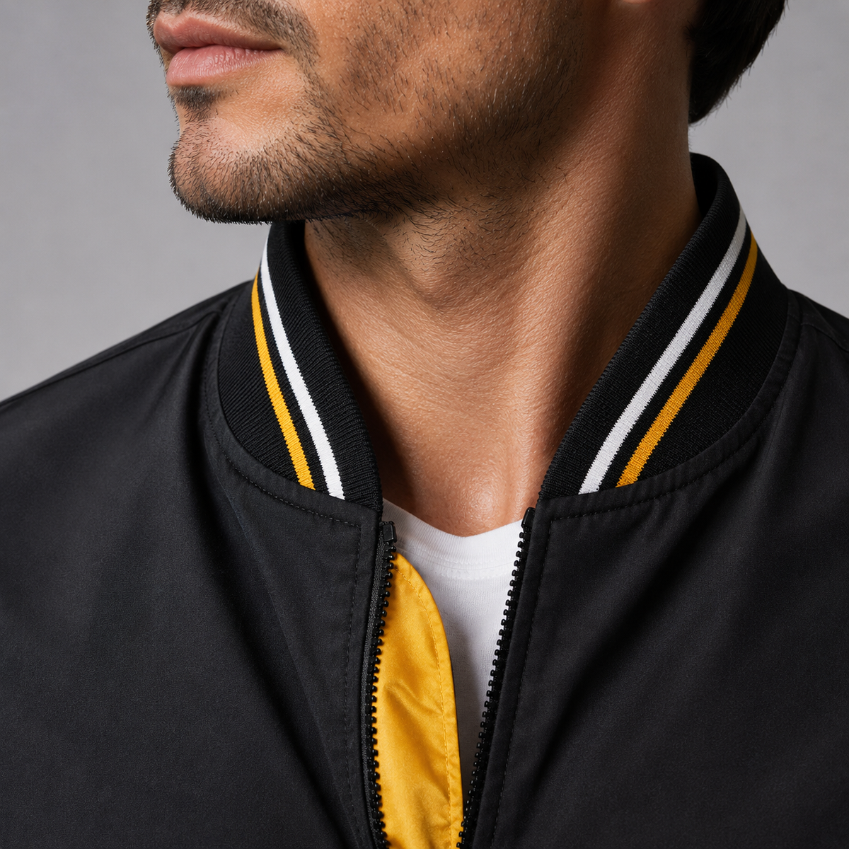 Men's Slim Fit Solid Bomber Baseball Jacket Black Canvas