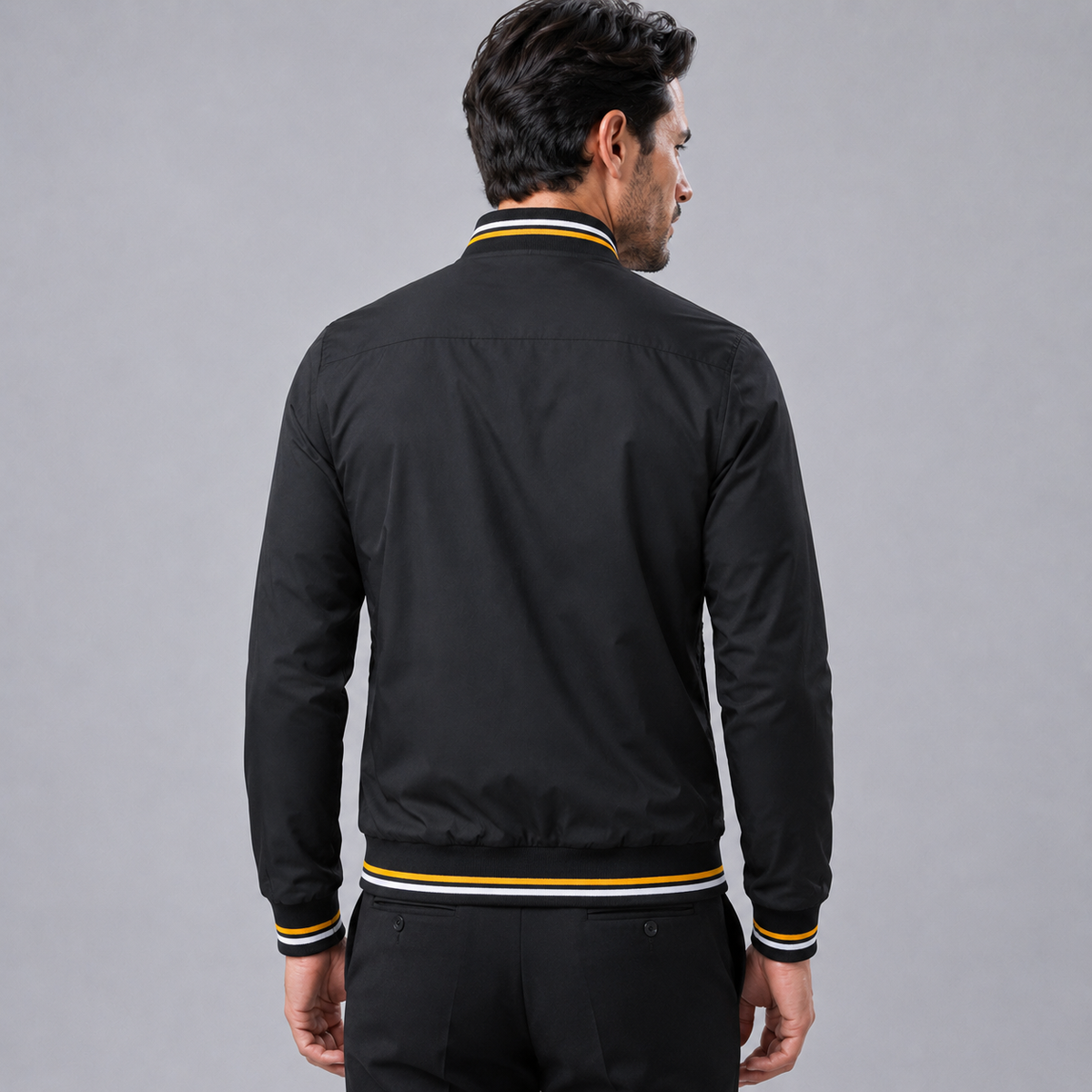 Men's Slim Fit Solid Bomber Baseball Jacket Black Canvas