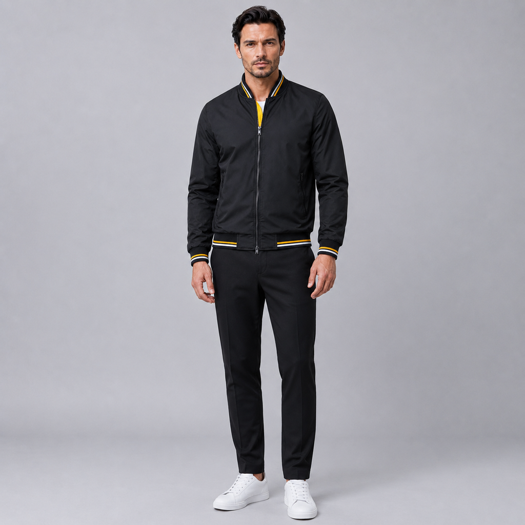 Men's Slim Fit Solid Bomber Baseball Jacket Black Canvas