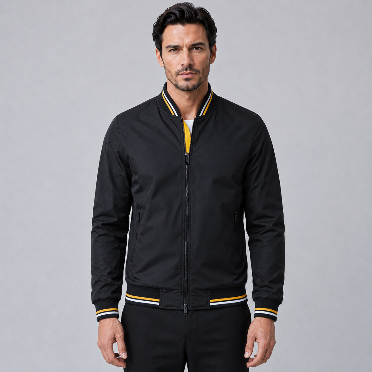 Men's Slim Fit Solid Bomber Baseball Jacket Black Canvas