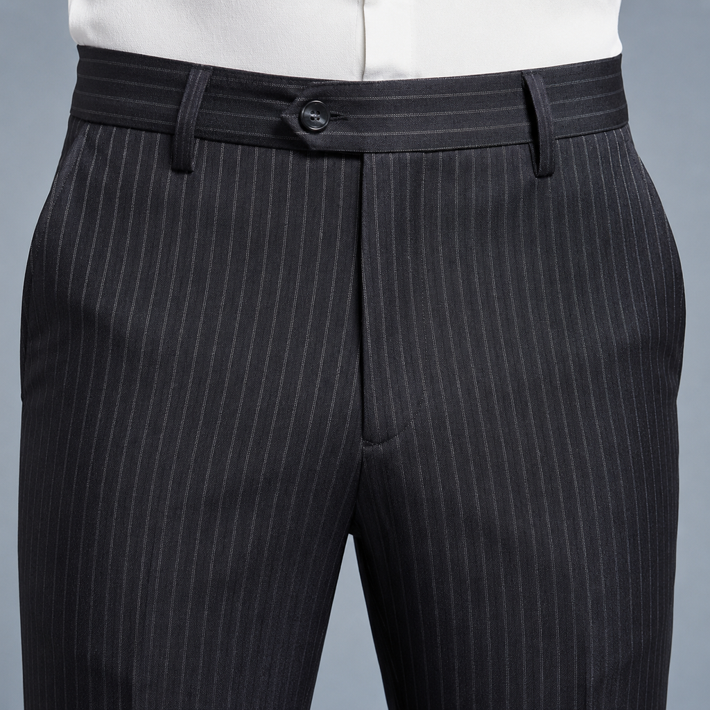 Men's Slim Fit Striped Smart Suit Trousers Black Canvas