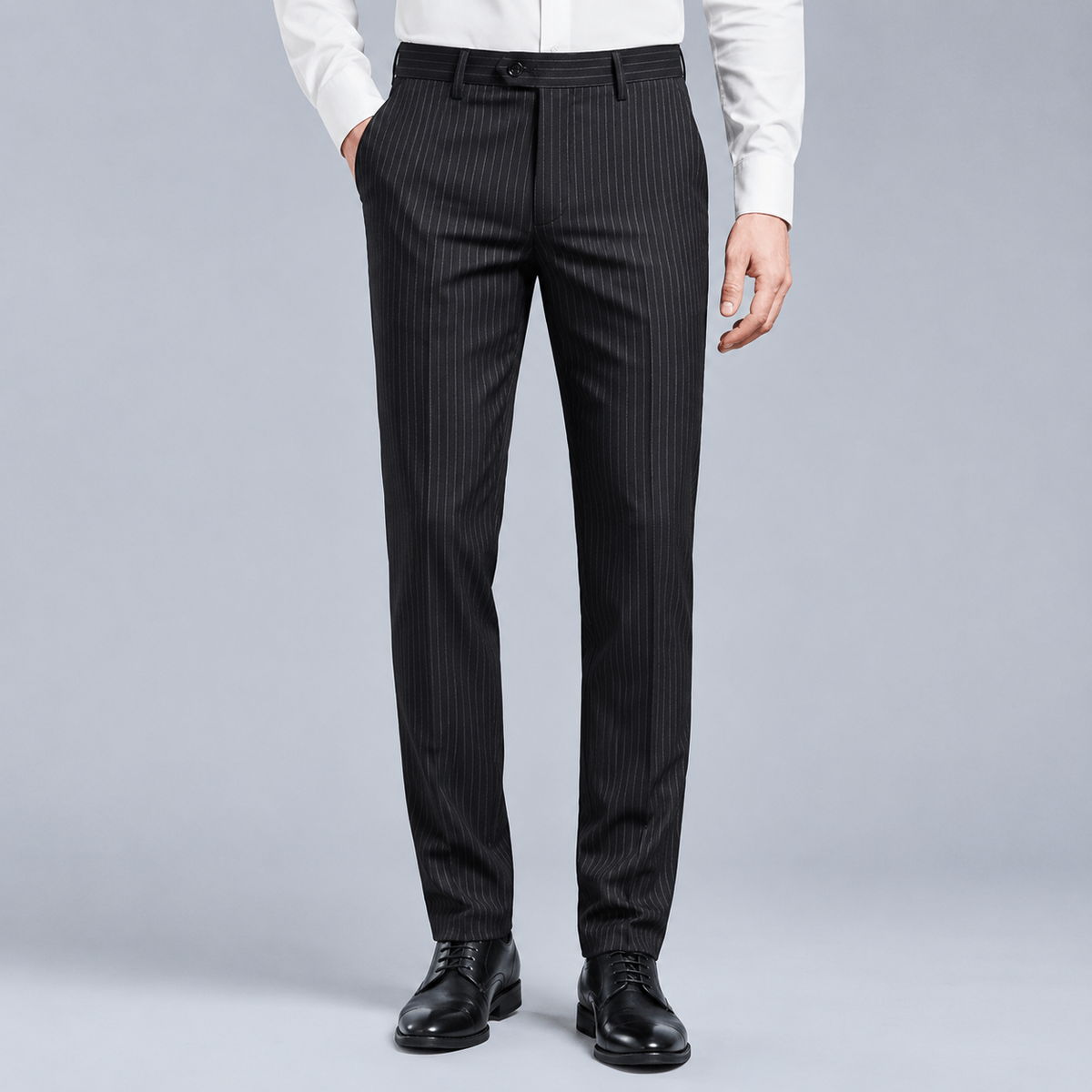 Men's Slim Fit Striped Smart Suit Trousers Black Canvas