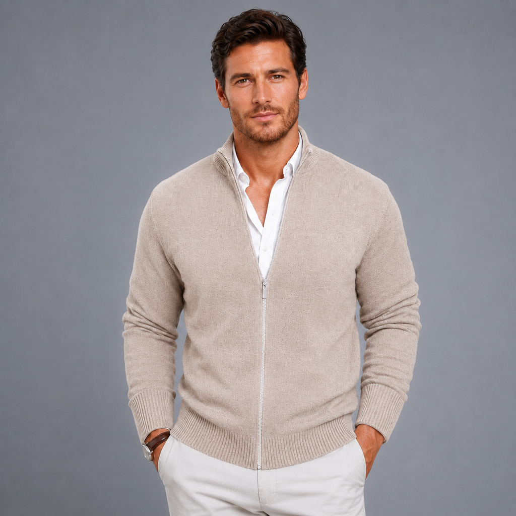 Men's Slim Fit Zip-Up Stand Collar Cardigan Black Canvas