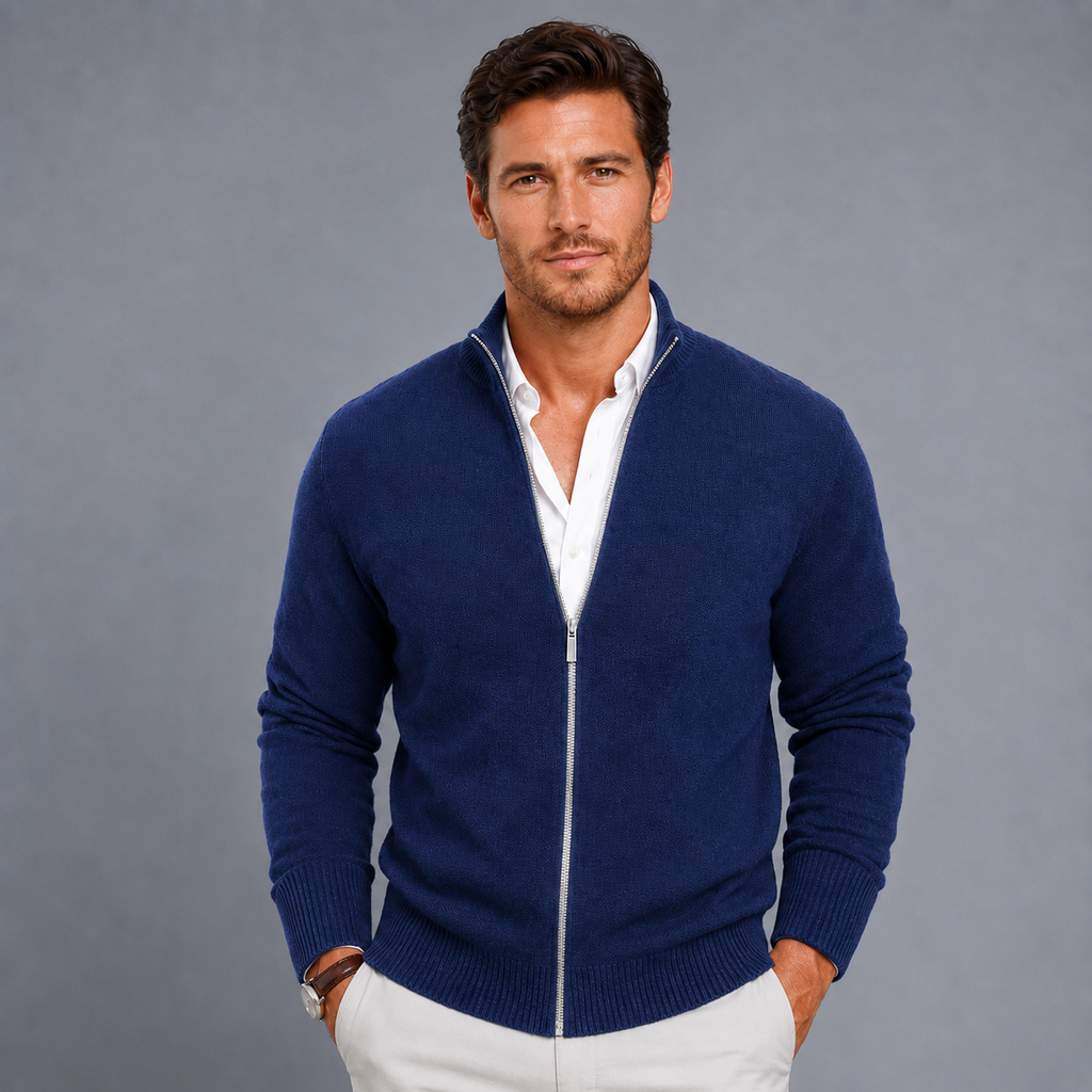 Men's Slim Fit Zip-Up Stand Collar Cardigan Black Canvas