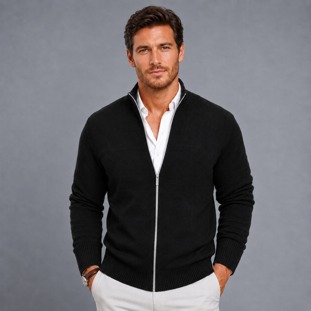 Men's Slim Fit Zip-Up Stand Collar Cardigan Black Canvas