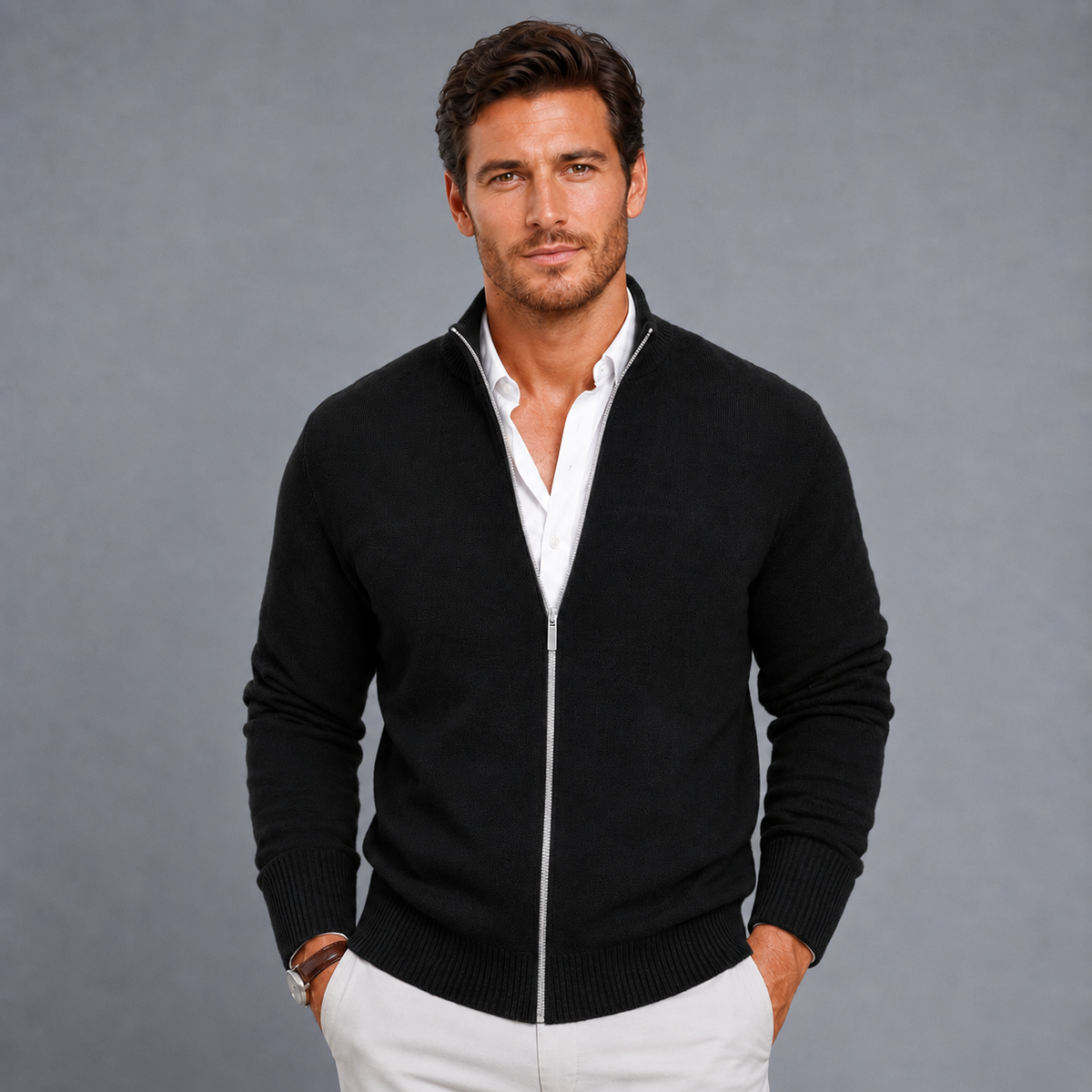 Men's Slim Fit Zip-Up Stand Collar Cardigan Black Canvas