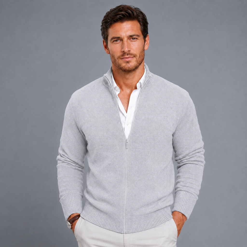 Men's Slim Fit Zip-Up Stand Collar Cardigan Black Canvas