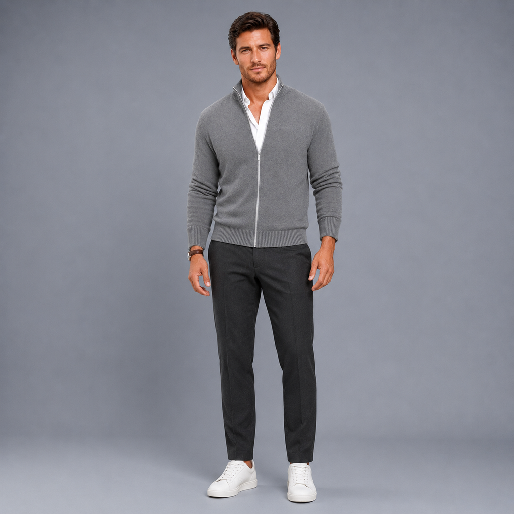 Men's Slim Fit Zip-Up Stand Collar Cardigan Black Canvas