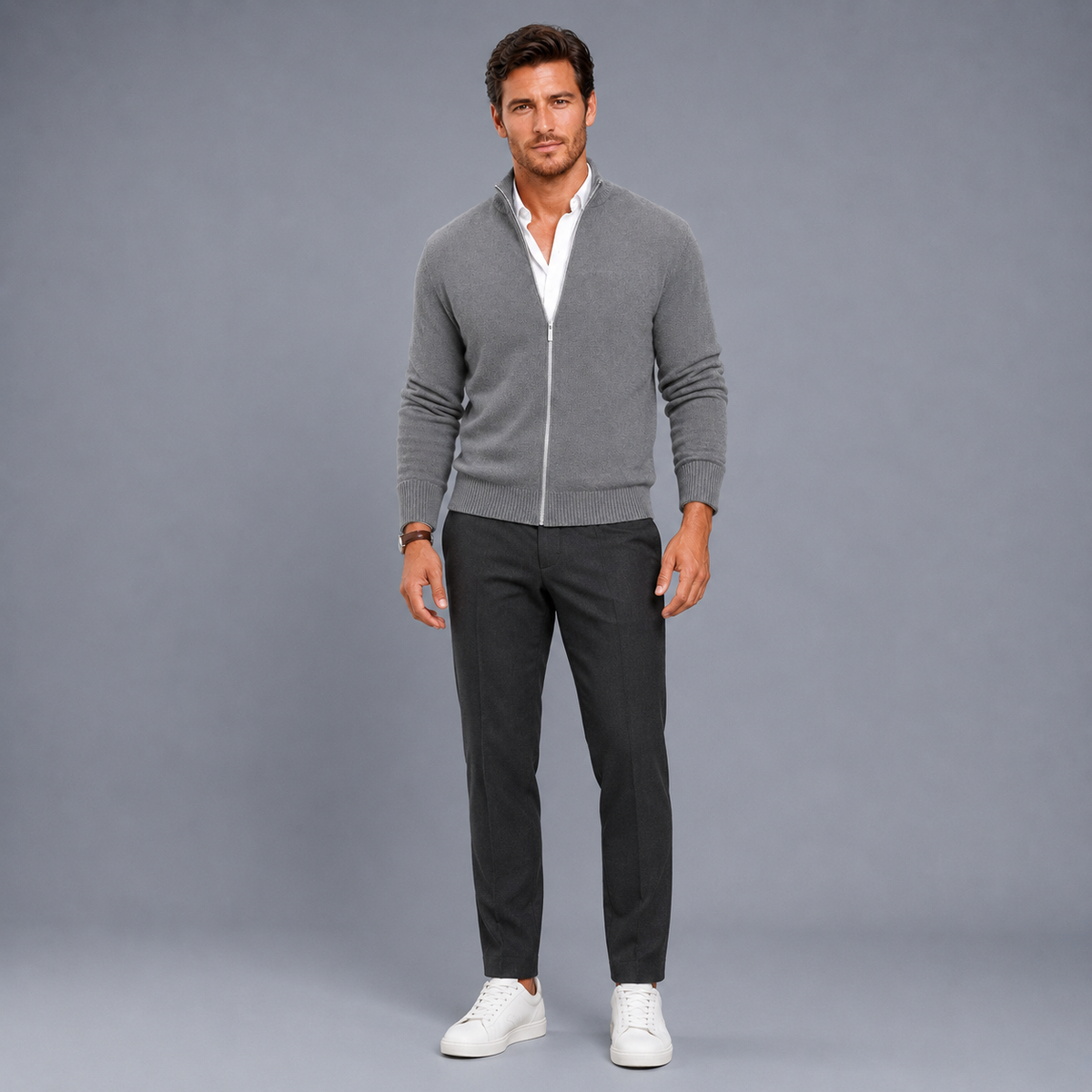 Men's Slim Fit Zip-Up Stand Collar Cardigan Black Canvas