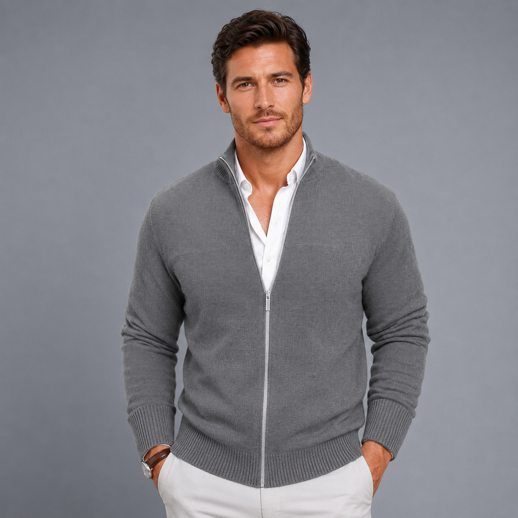 Men's Slim Fit Zip-Up Stand Collar Cardigan Black Canvas