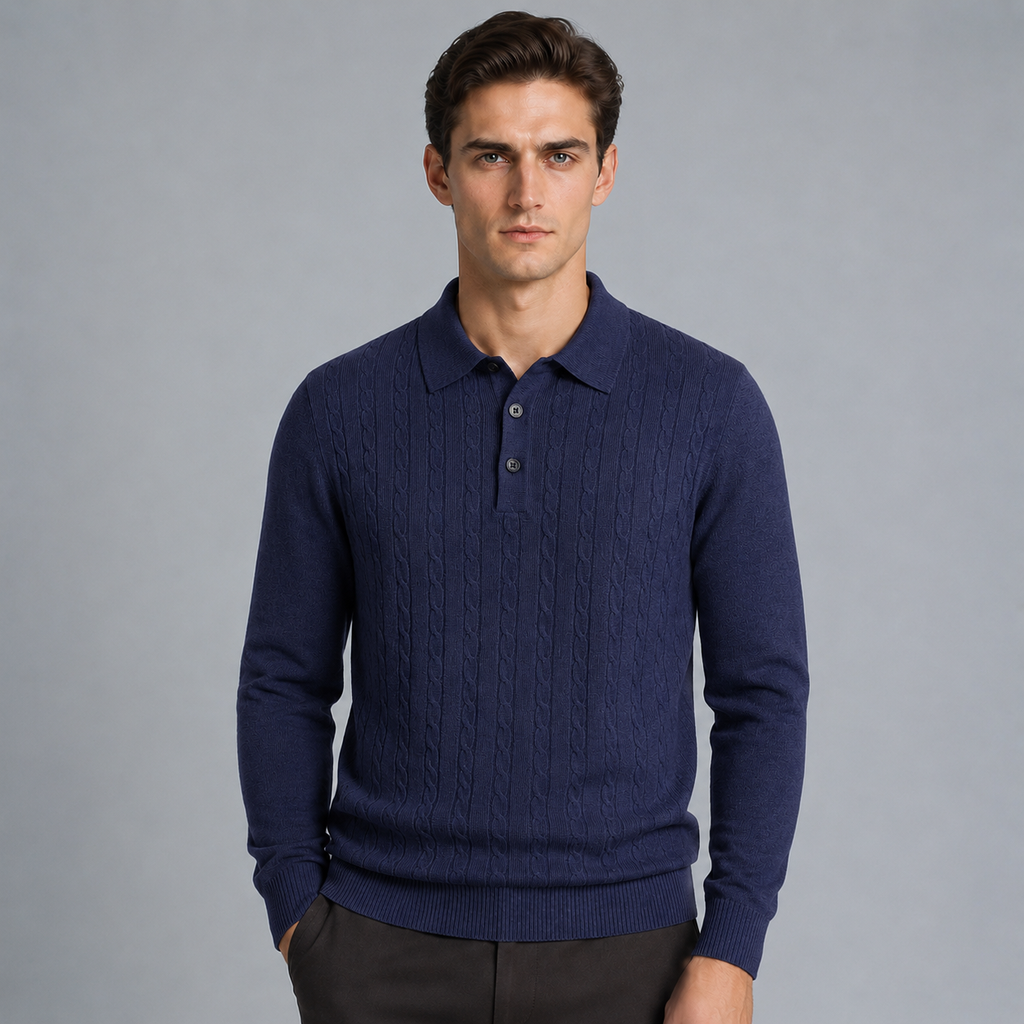 Men's Slim V-Neck Cable Knit Button Jumper Black Canvas