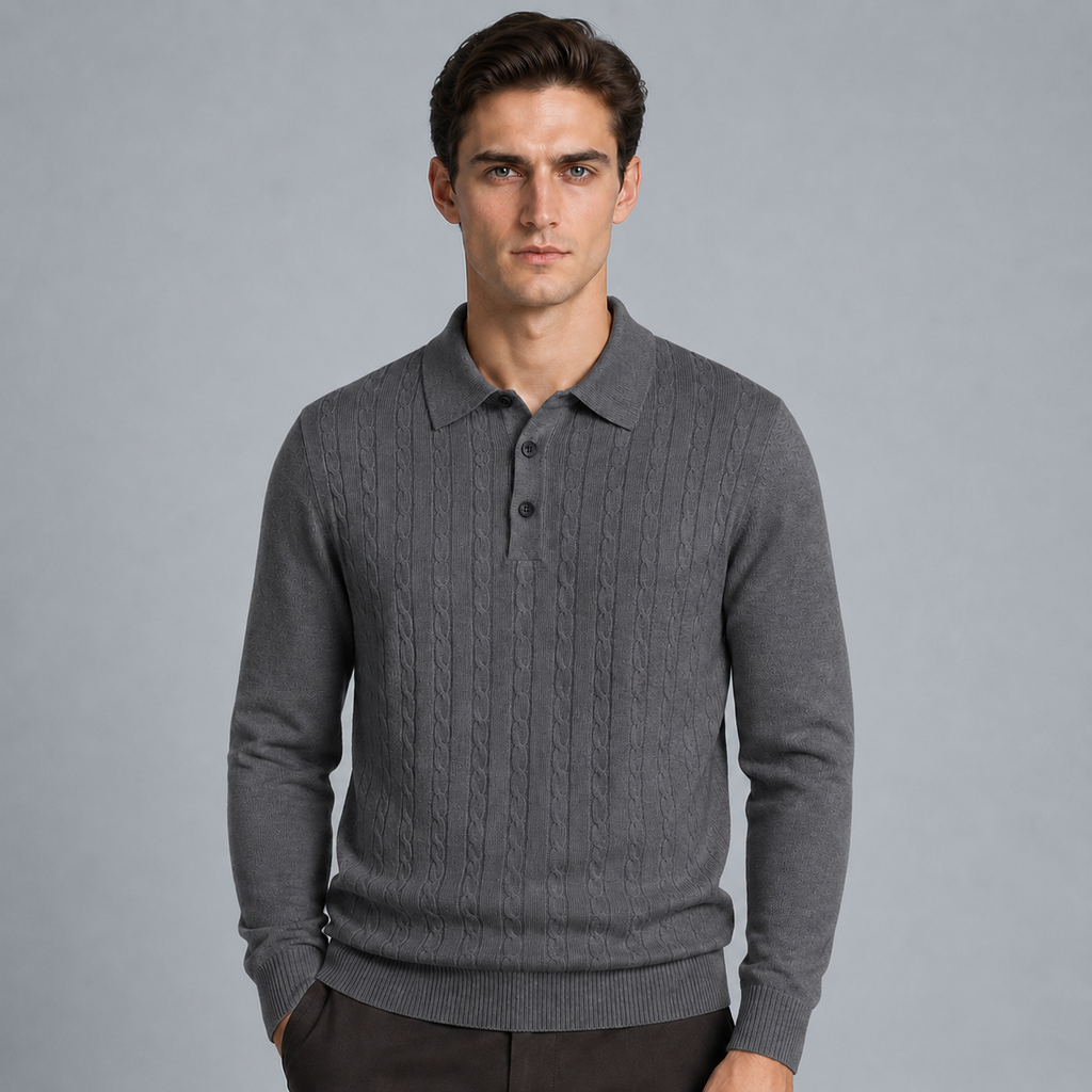 Men's Slim V-Neck Cable Knit Button Jumper Black Canvas