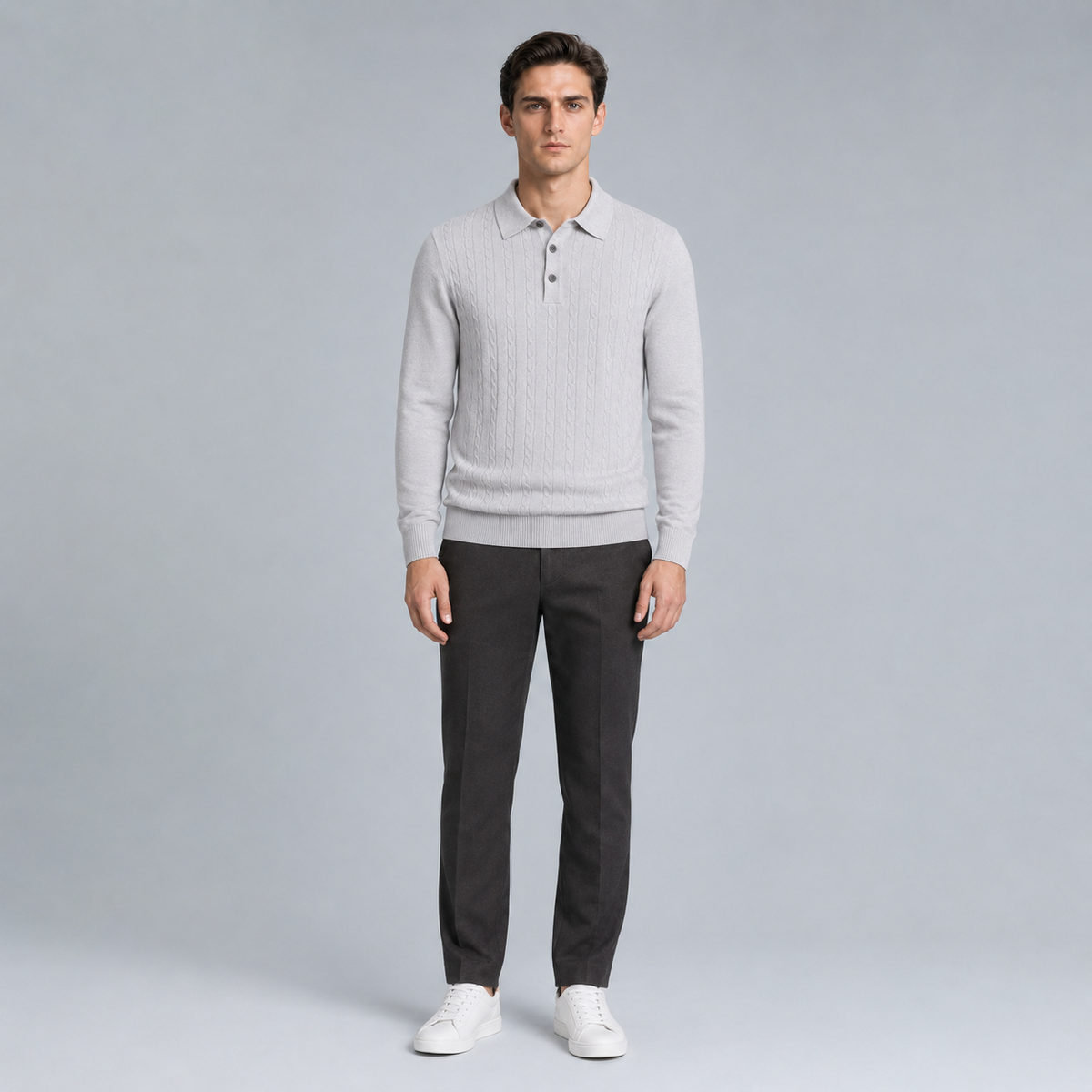 Men's Slim V-Neck Cable Knit Button Jumper Black Canvas