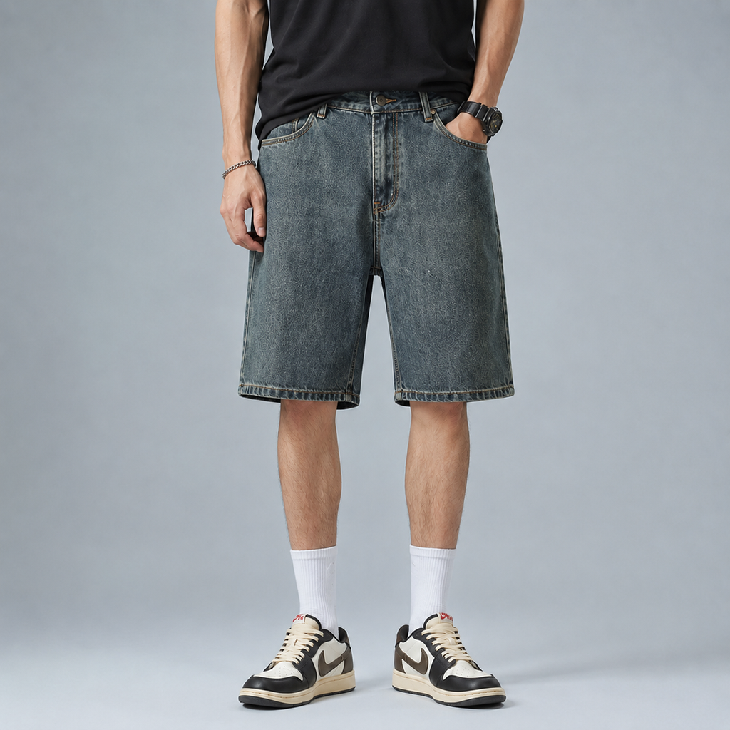 Men's Straight Stretch Denim Knee Length Shorts Black Canvas