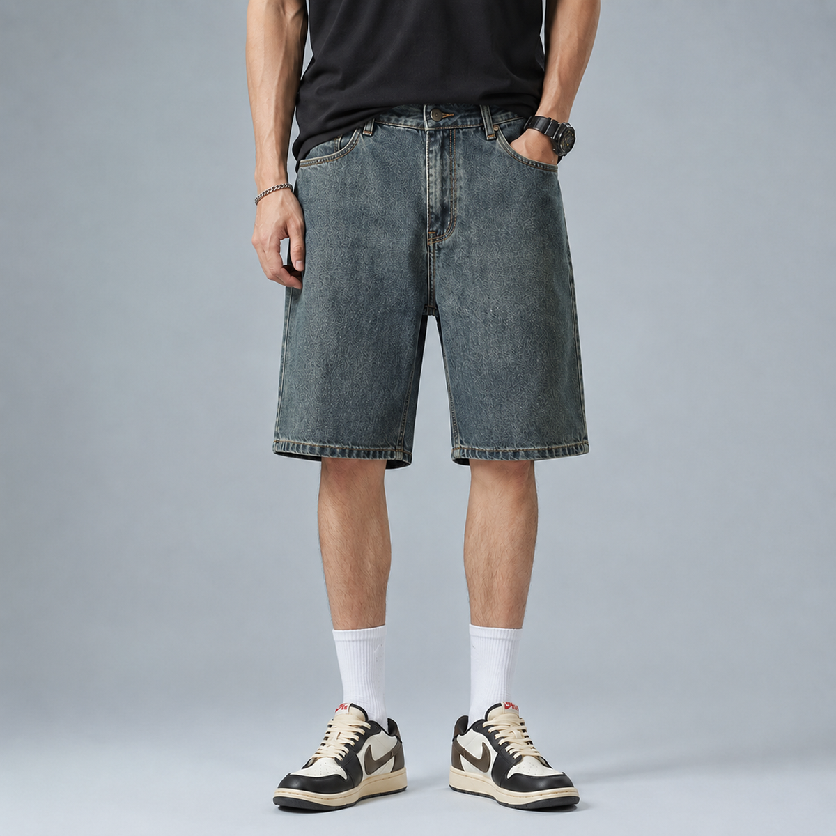 Men's Straight Stretch Denim Knee Length Shorts Black Canvas