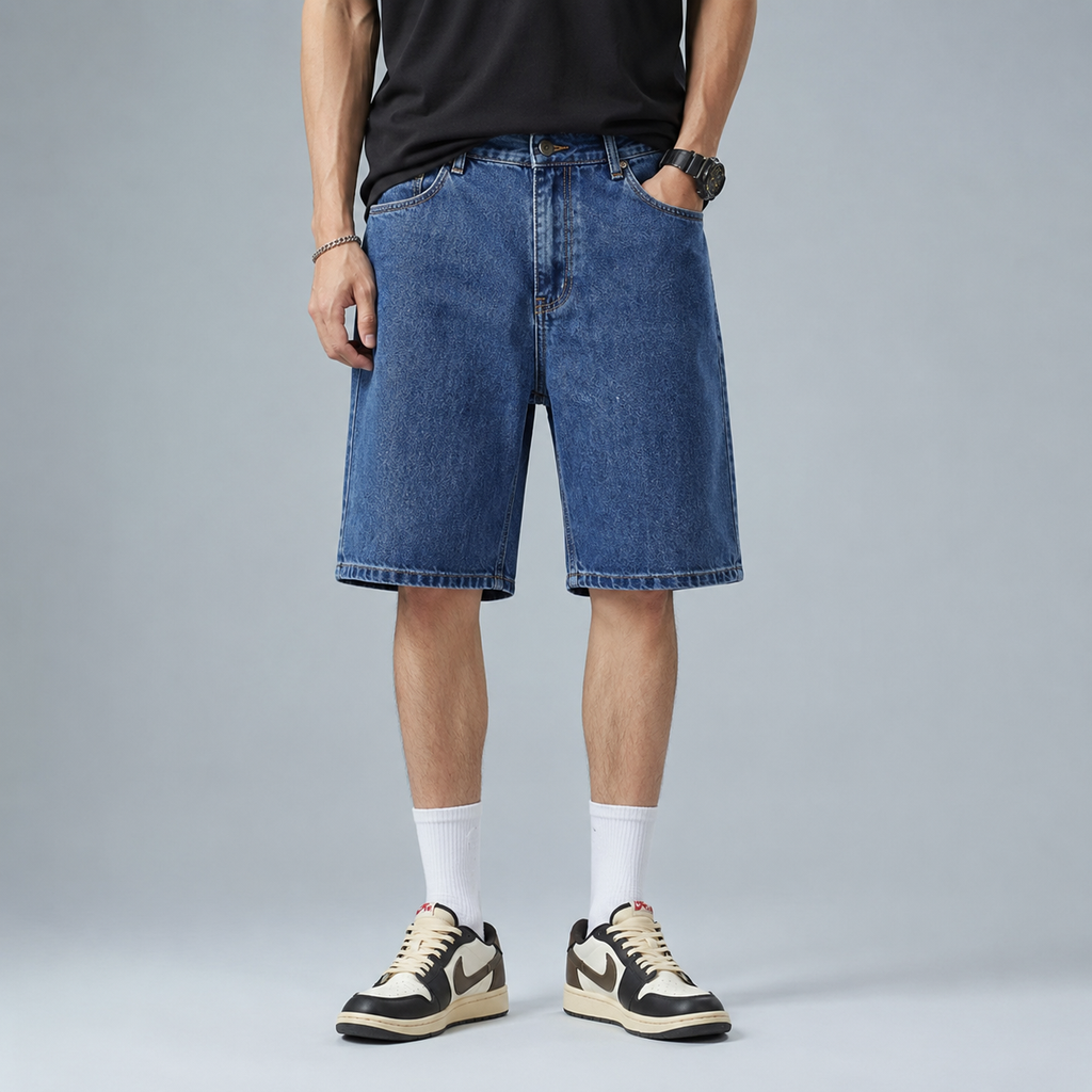 Men's Straight Stretch Denim Knee Length Shorts Black Canvas