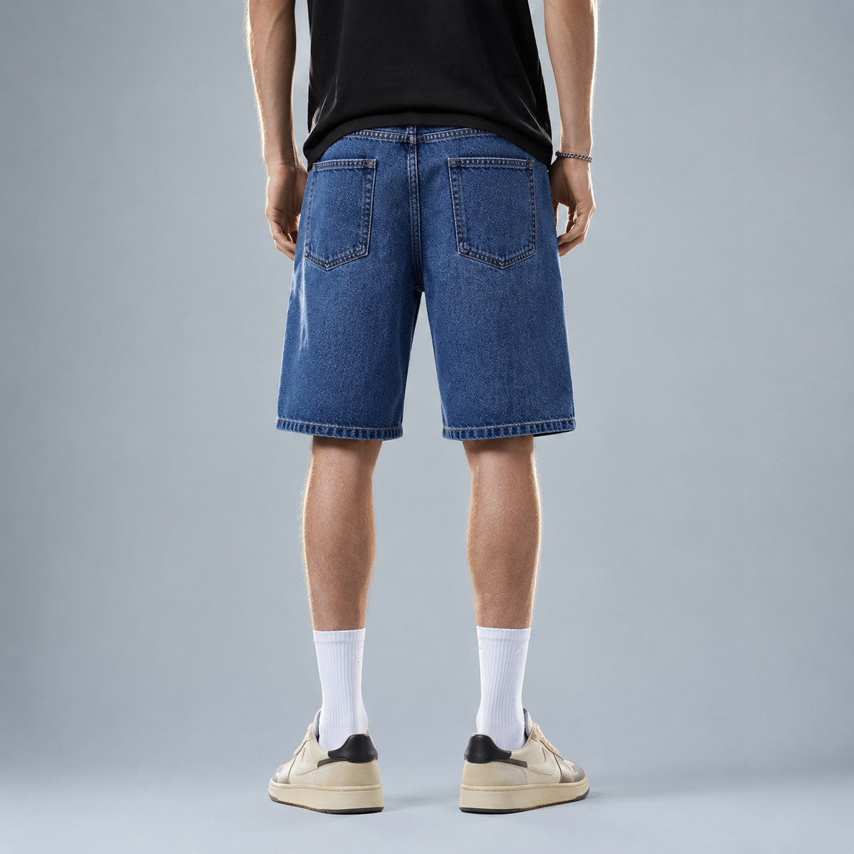 Men's Straight Stretch Denim Knee Length Shorts Black Canvas