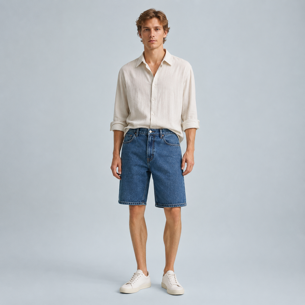 Men's Straight Stretch Denim Knee Length Shorts Black Canvas