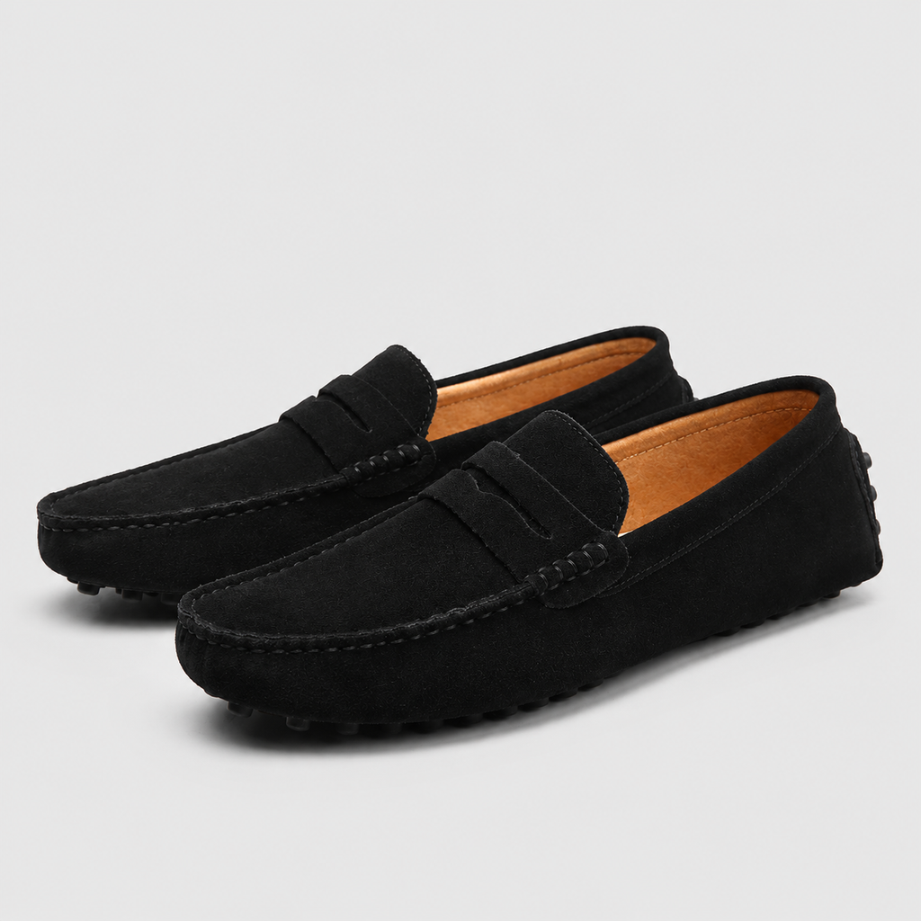 Men's Suede Leather Slip-On Loafers Black Canvas
